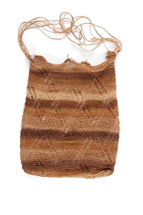 String bag, single element string looped, with diagonal pattern of parallel rows of a holes made by combining open and tight looping.