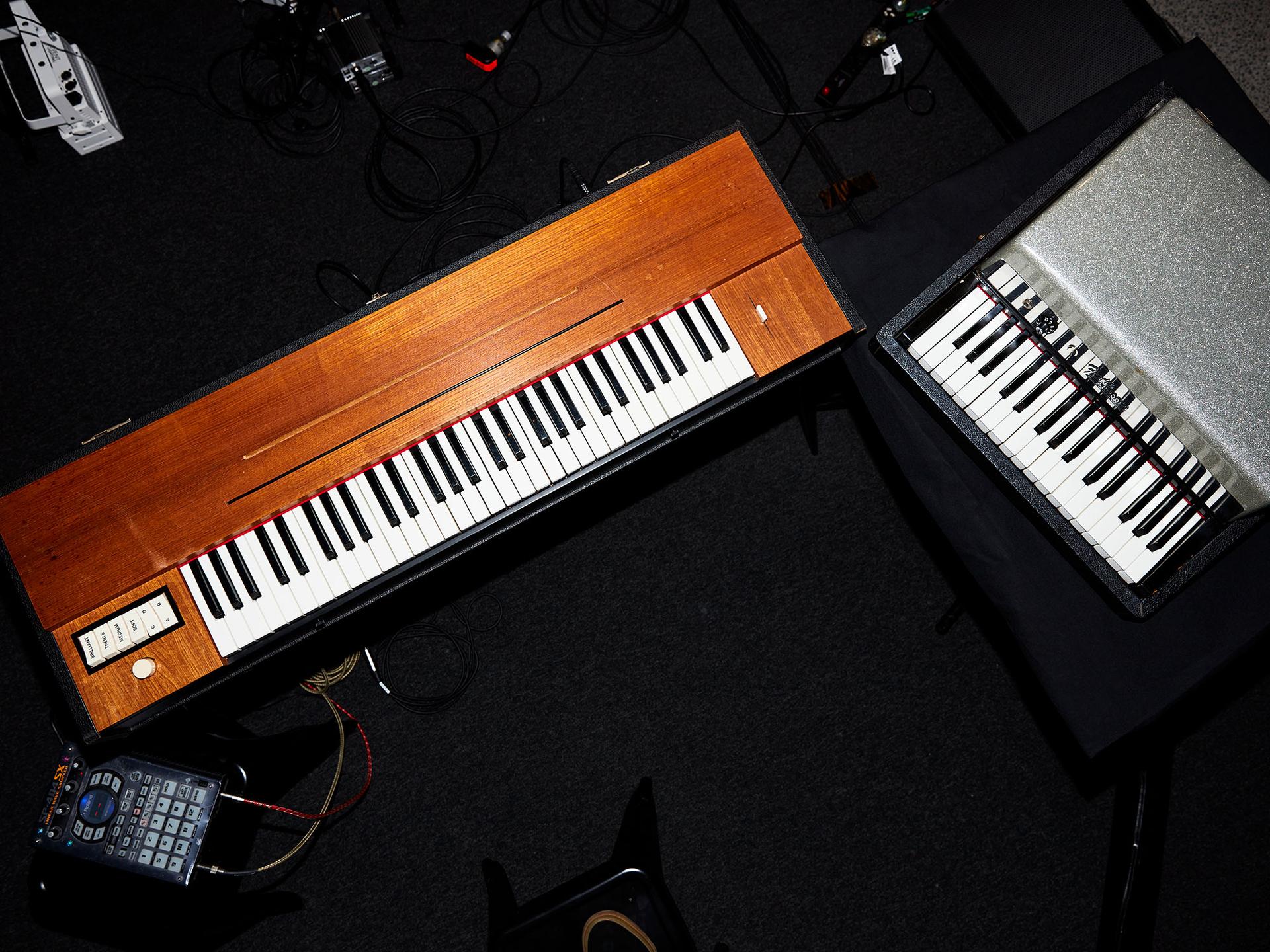 A bird’s eye view of two keyboards placed at right angles from each other. Photo: Robin Hearfield