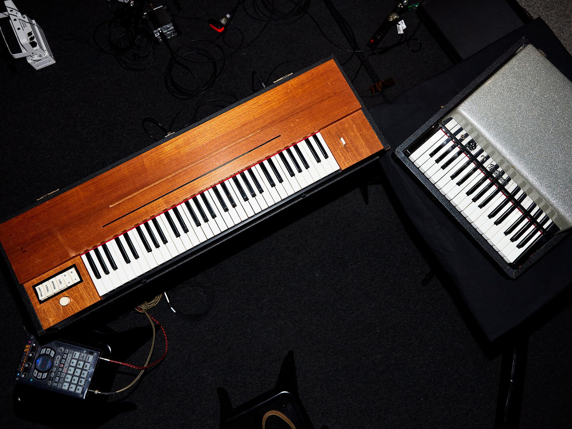 A bird’s eye view of two keyboards placed at right angles from each other. Photo: Robin Hearfield