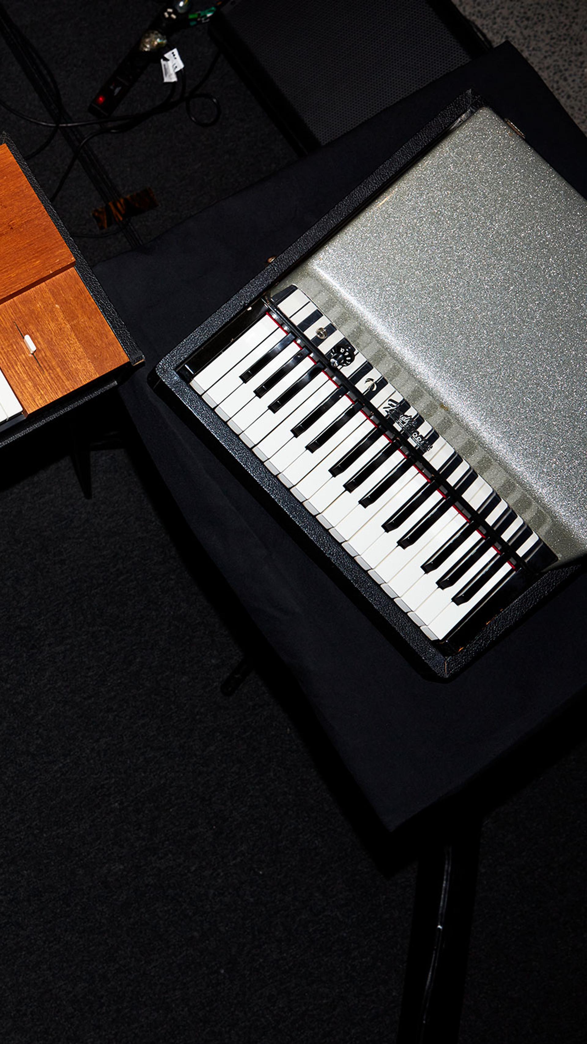 A bird’s eye view of two keyboards placed at right angles from each other. Photo: Robin Hearfield