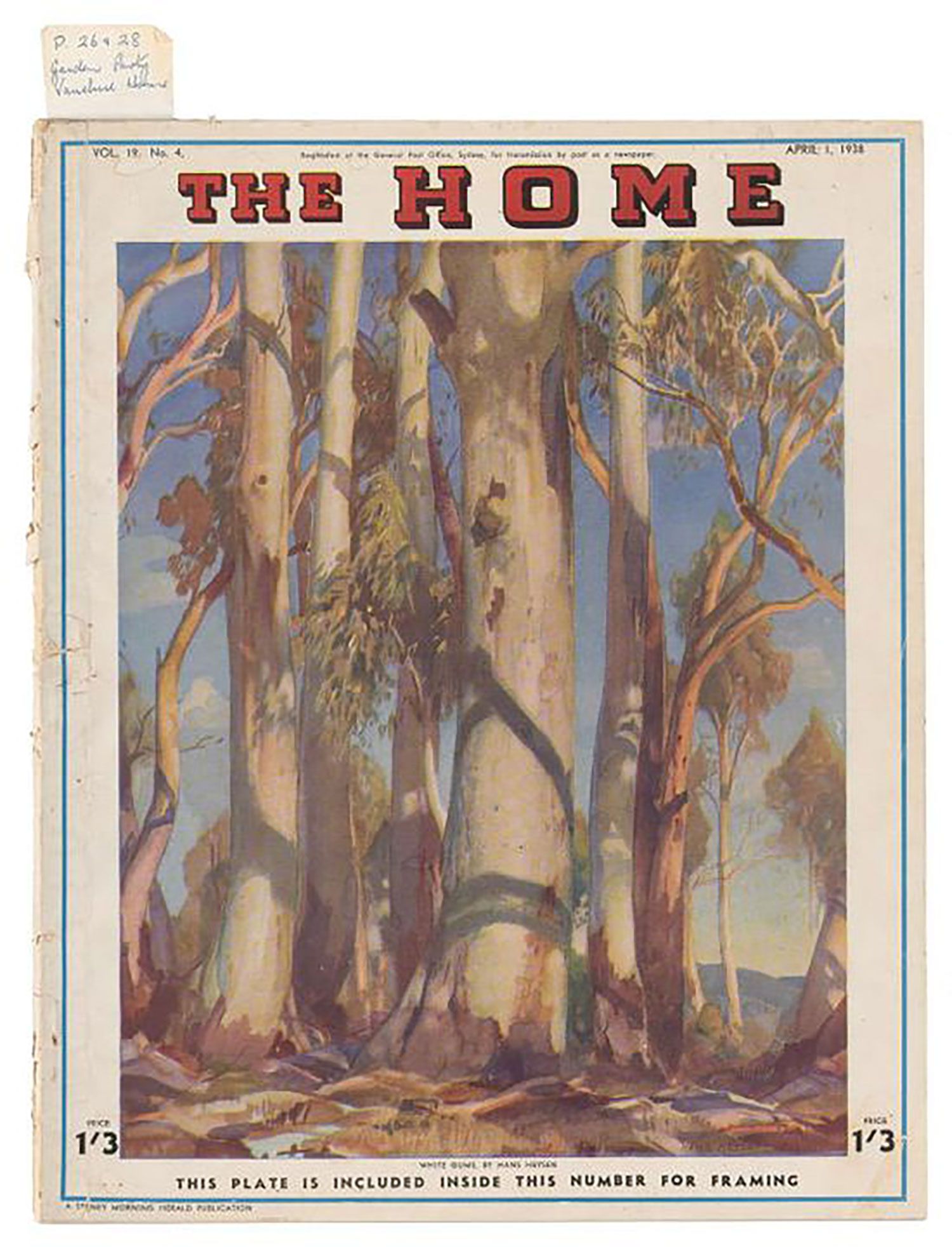 A 1938 magazine called ‘The Home’. The title page features an illustration of gum trees.