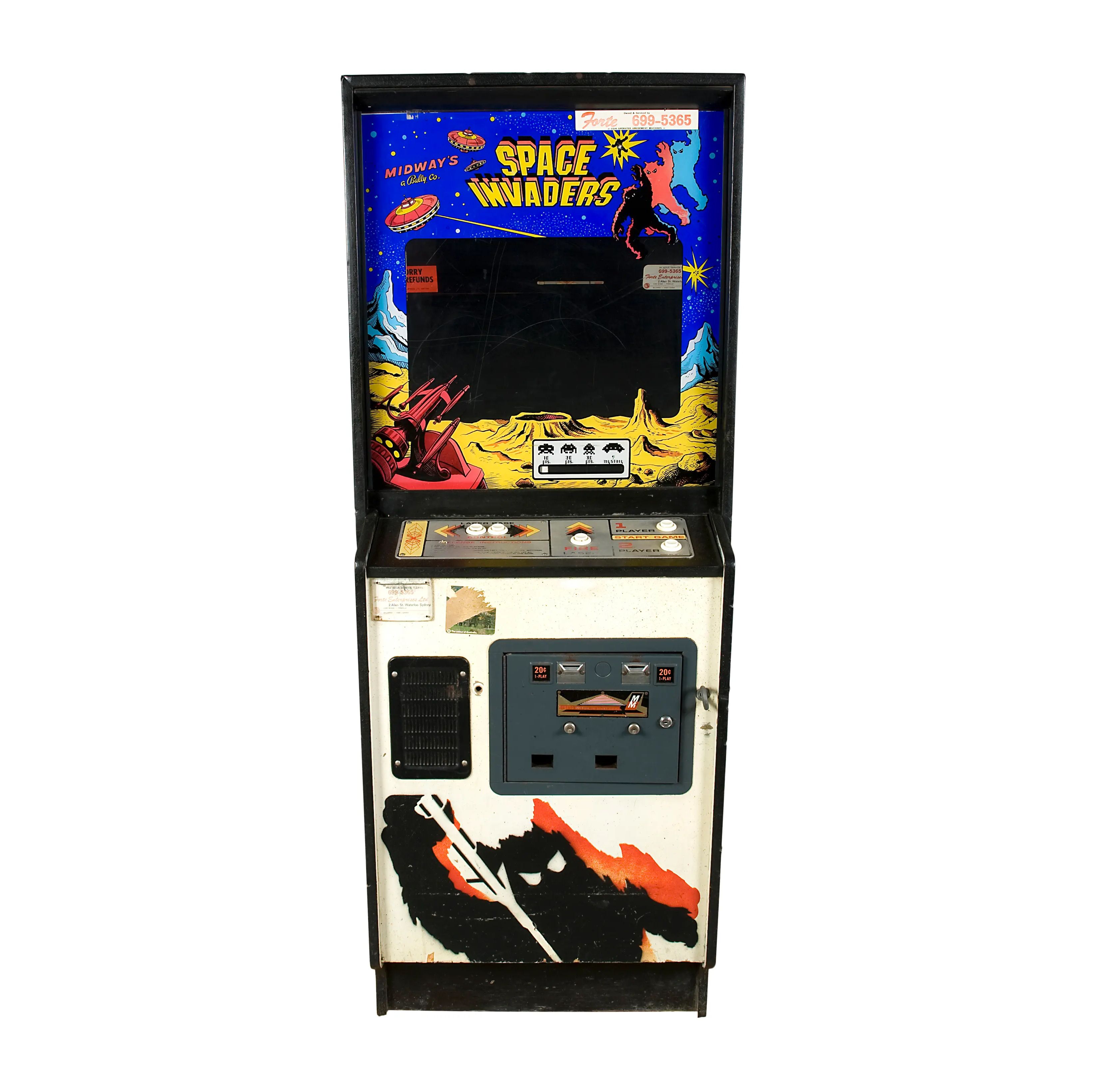 A large multi-coloured arcade machine, with a screen, white game control buttons and illustrations wrapping the machine.