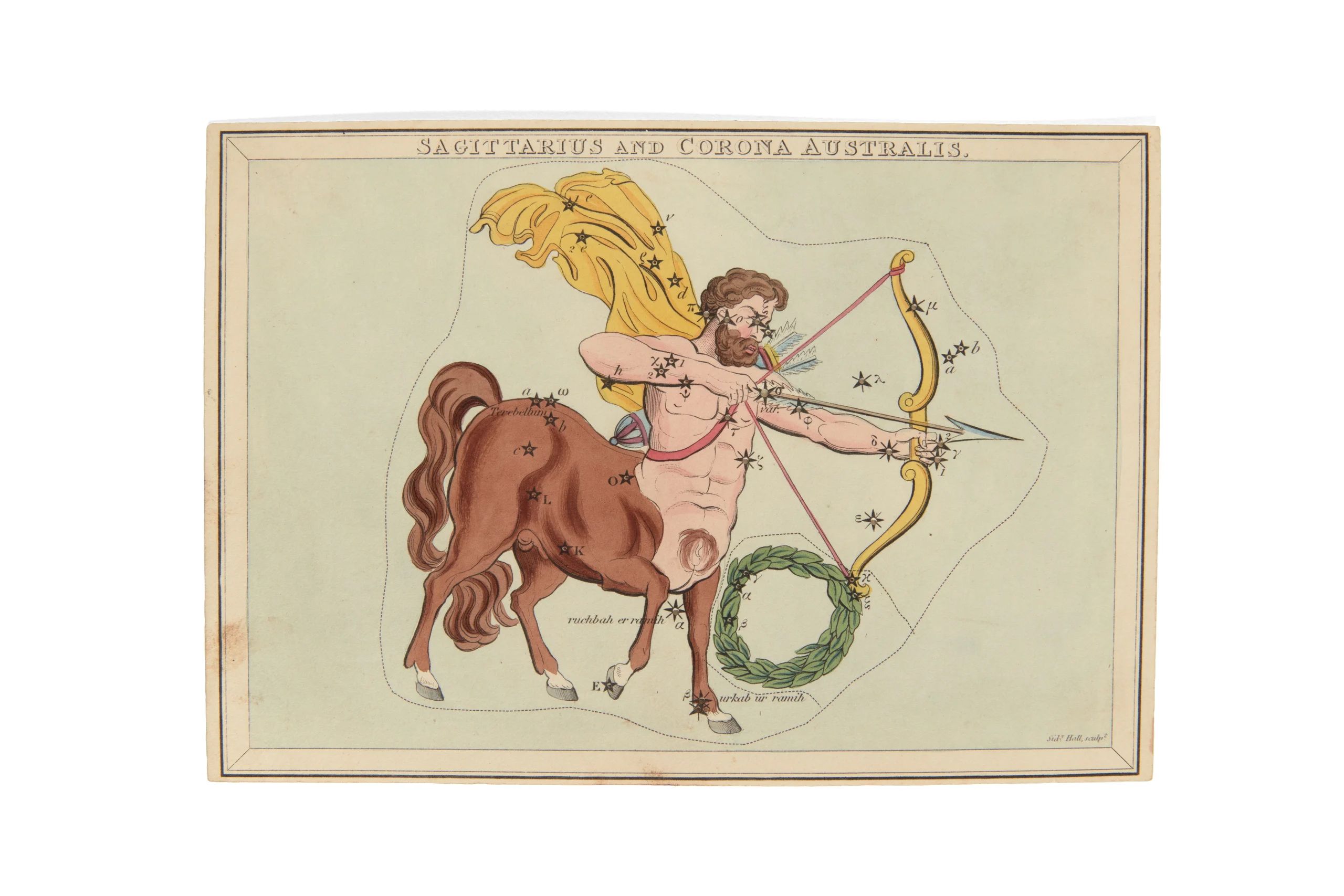 Stars a positioned surrounding an illustration of a Greek mythological centaur who holds a cross bow and arrow.