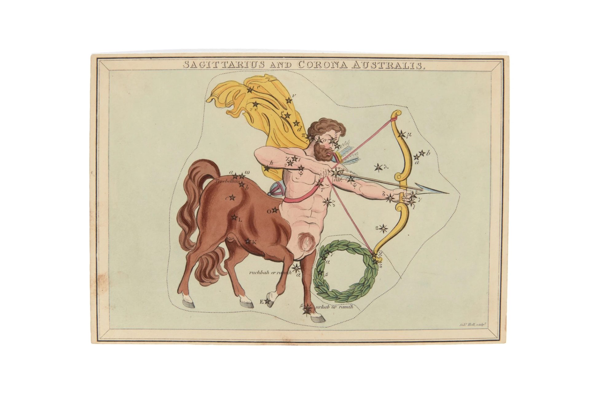 Stars a positioned surrounding an illustration of a Greek mythological centaur who holds a cross bow and arrow.