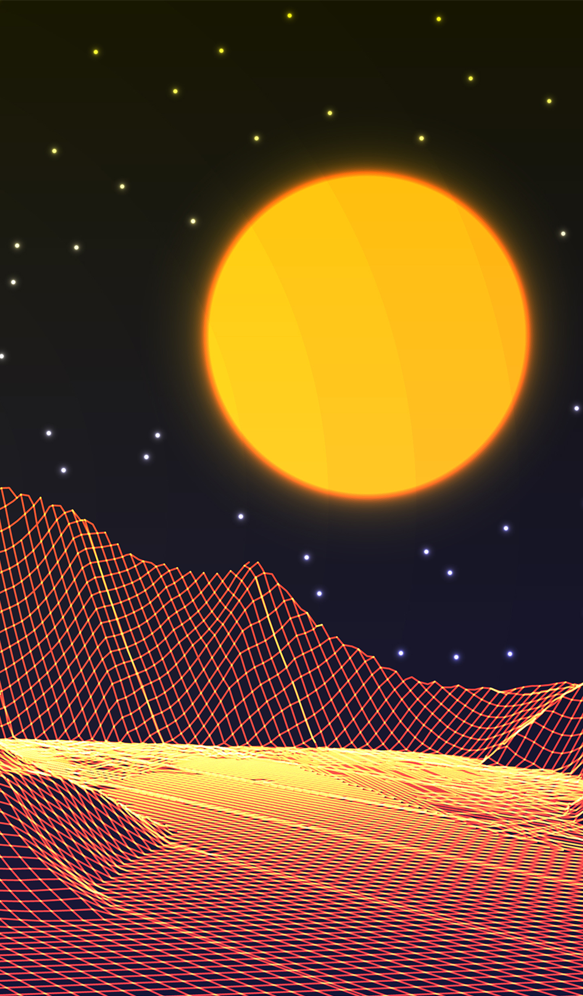 Wireframe landscape in the background a night sky and bright orange planet.