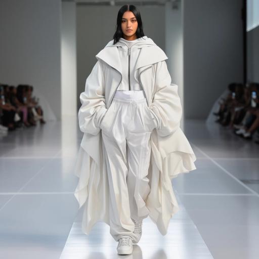 A runway model wears an all-white athleisure outfit including a full-length zip up coat.