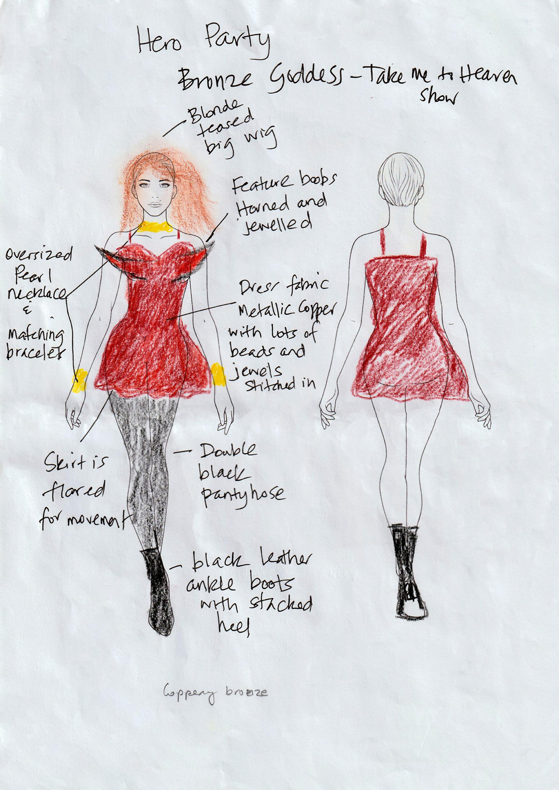 Red devilish dress drawn on paper model