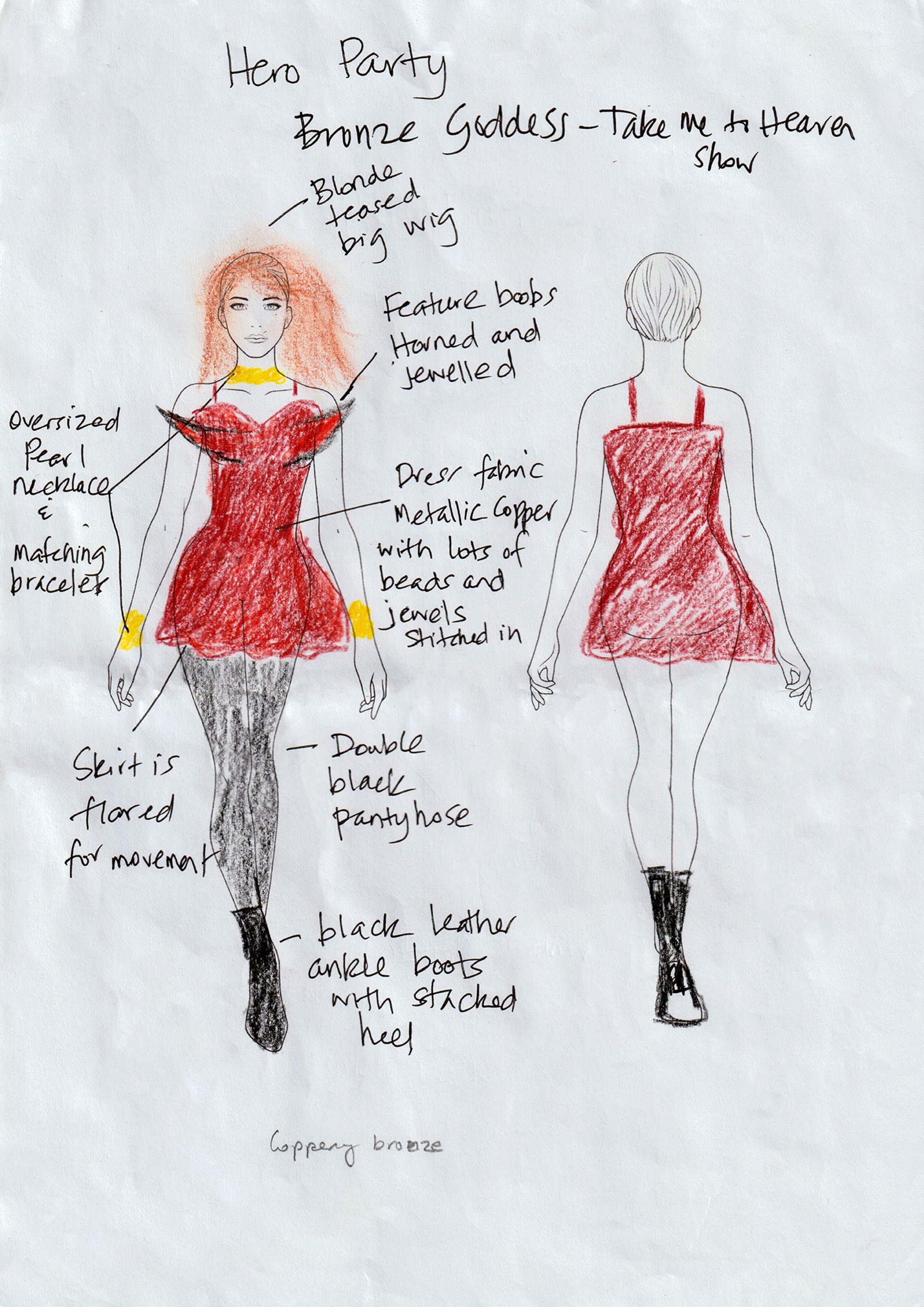 Red devilish dress drawn on paper model