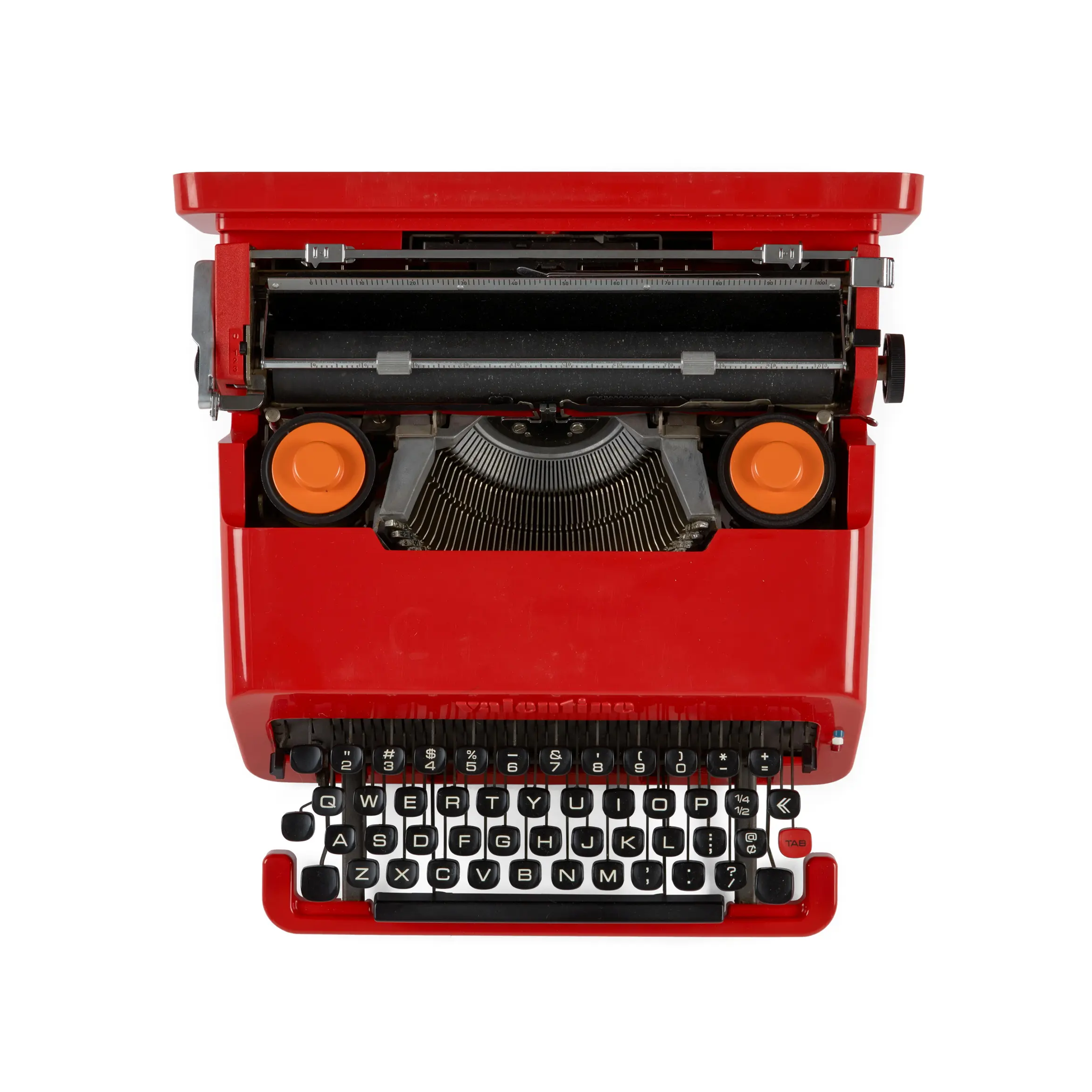 A top view image of a red typewriter with black keys.