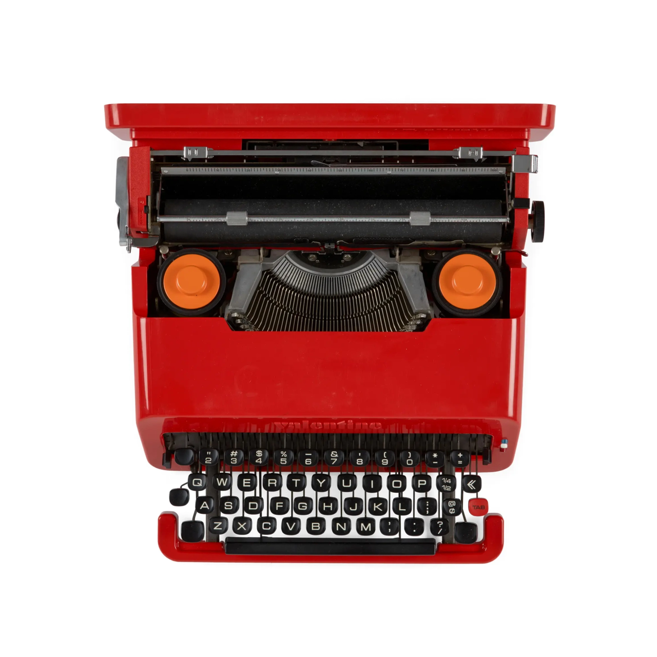 A top view image of a red typewriter with black keys.