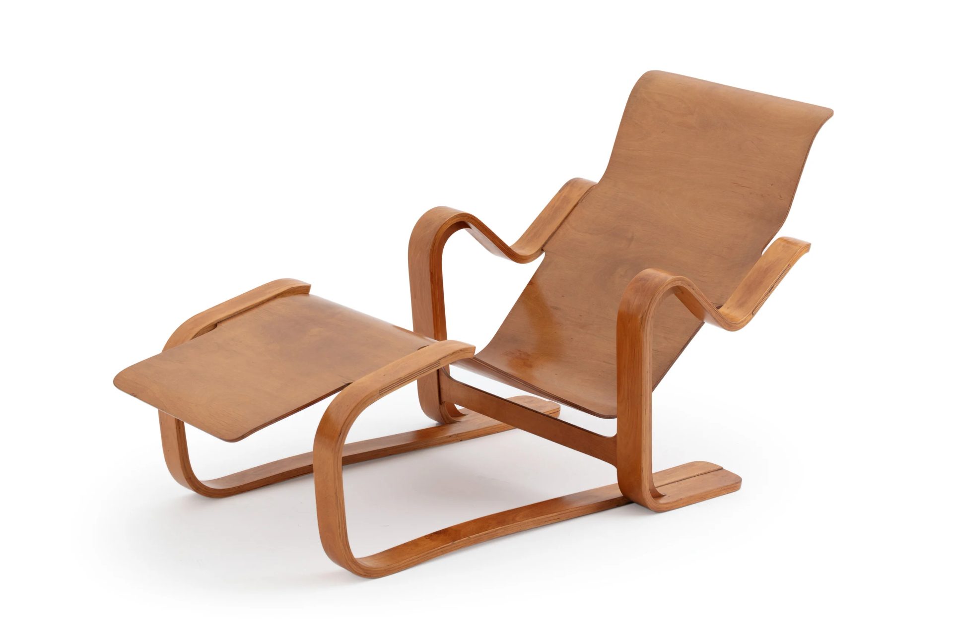 Wooden chair, in reclined formation.