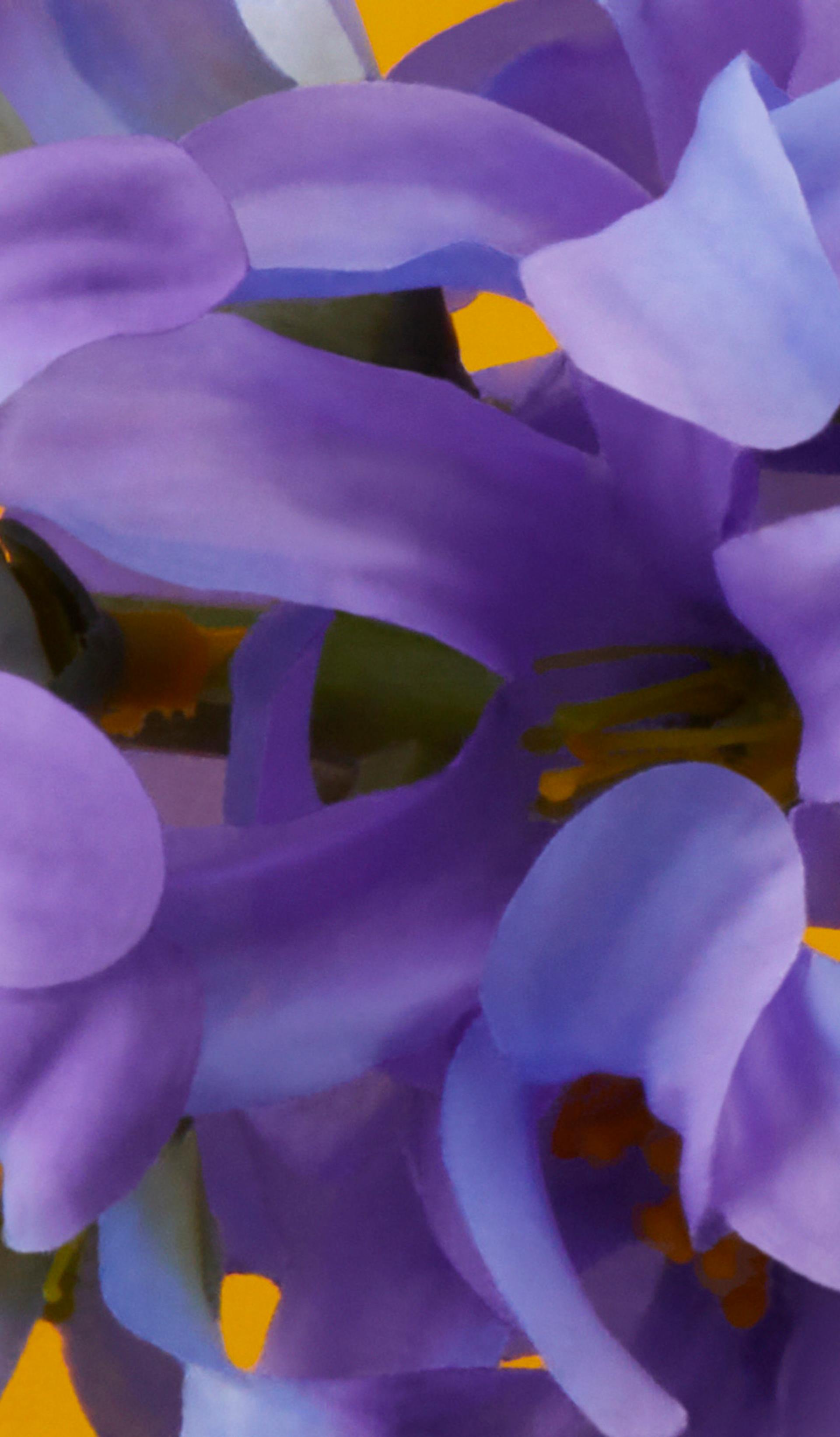 Close up of hyacinth purple flowers against a yellow background