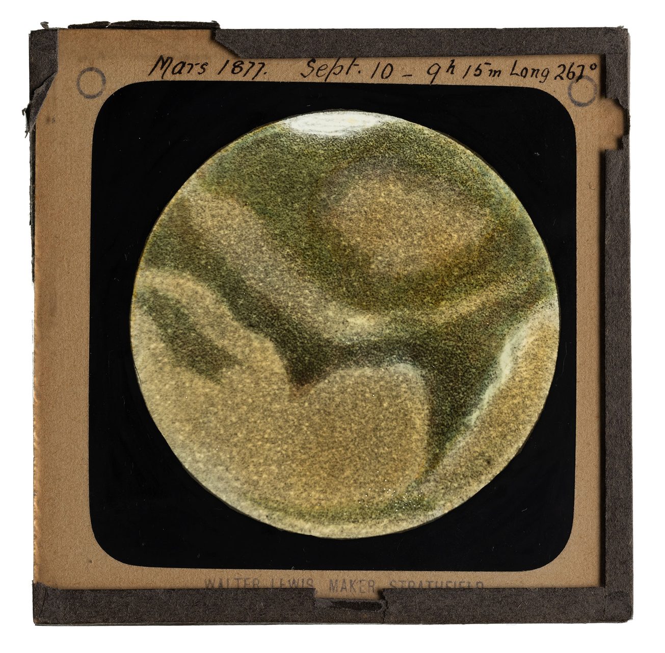 A green, brown and white drawing of Mars surrounded by a black border