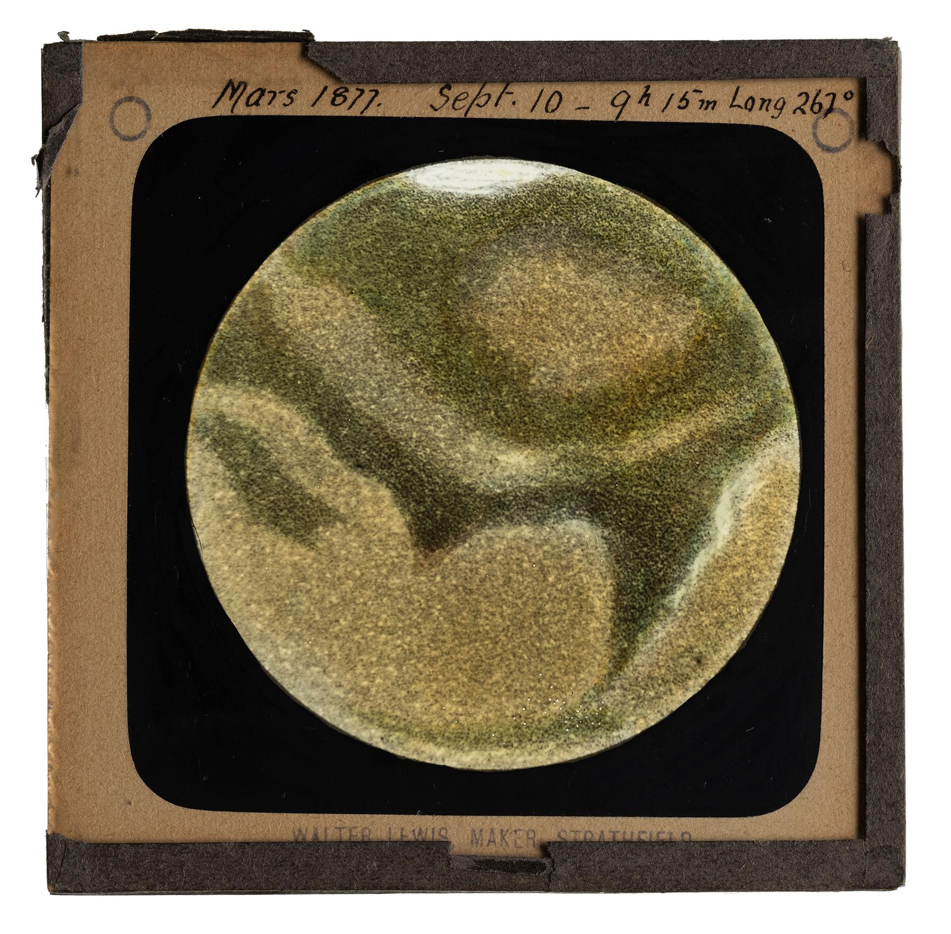 A green, brown and white drawing of Mars surrounded by a black border