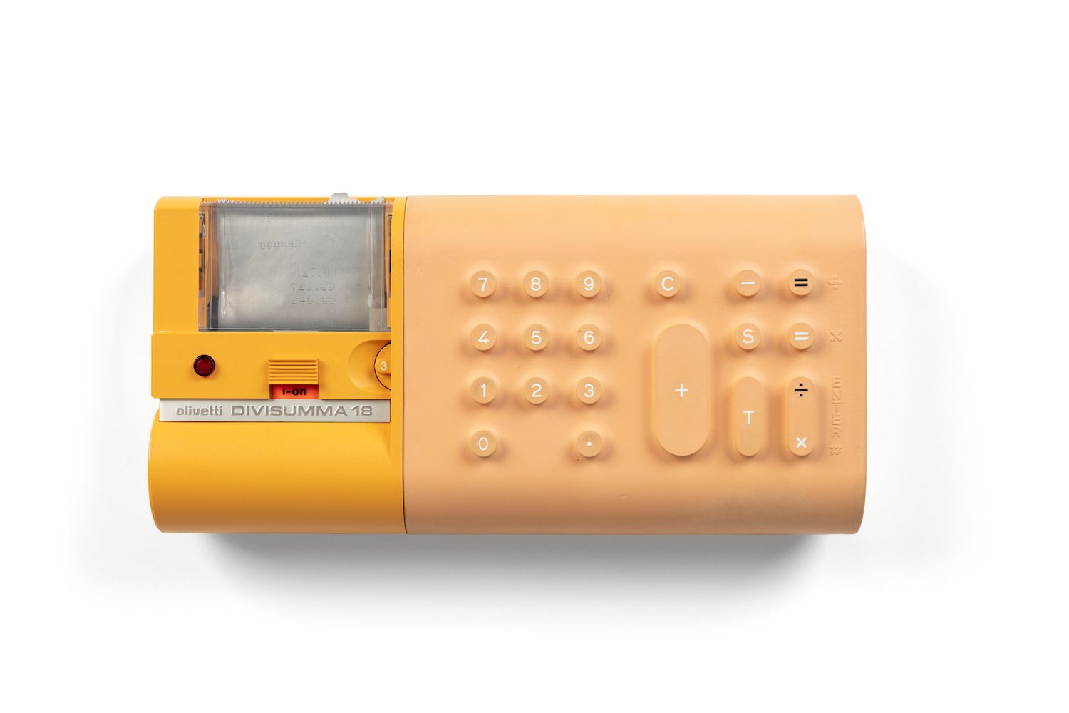 Bright orange calculator with a paper roll and circular buttons.
