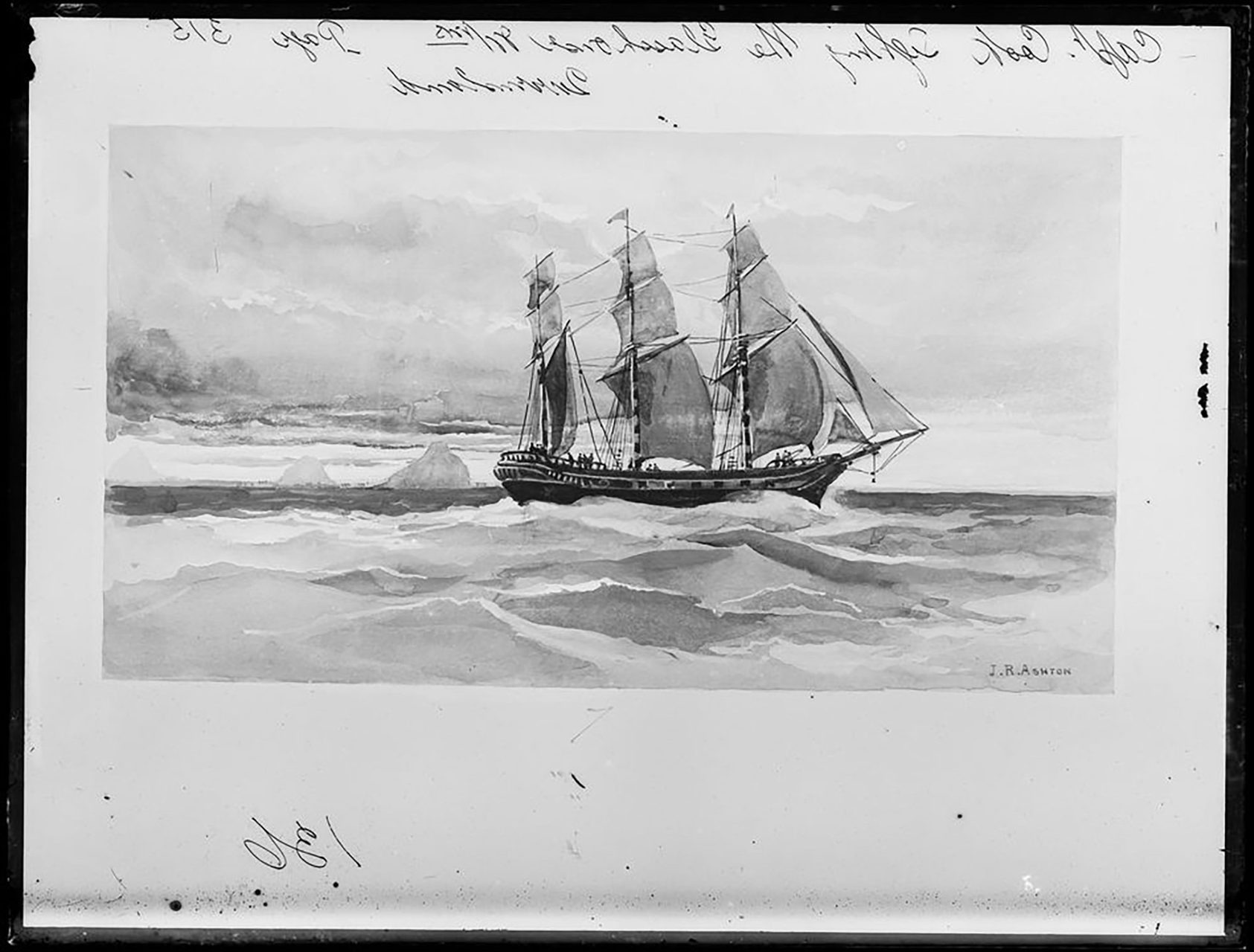 Glass plate negative, black and white, of a drawing of a tall ship (The Endeavour) on the ocean.