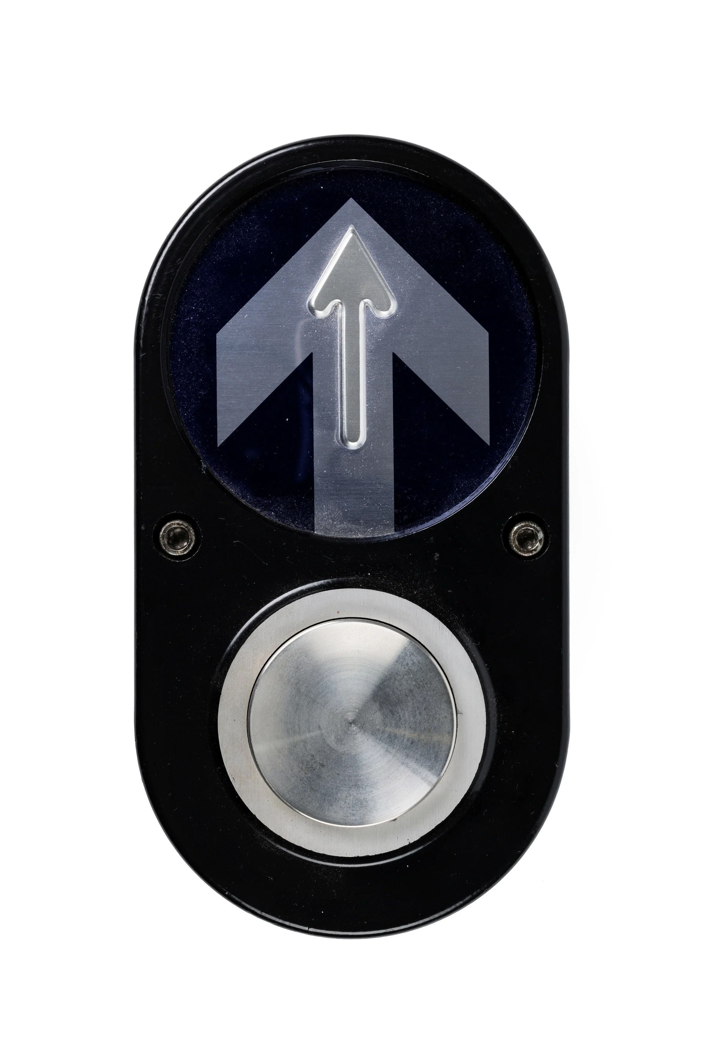 Pedestrian button with upward arrow atop.
