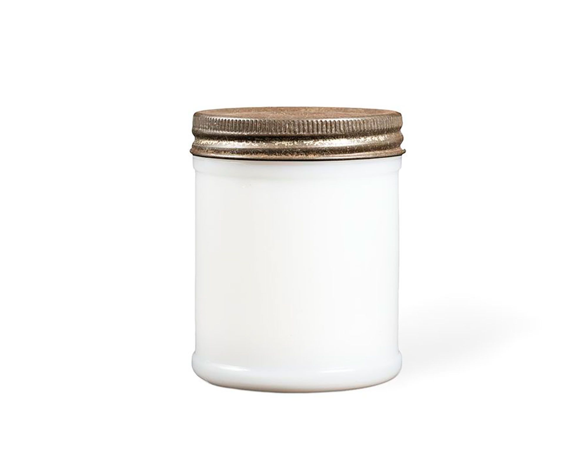 A cylindrical white opal glass jar with a screw thread top. Moulded into the base of the jar are the following marks: 'VEGEMITE V.906 18'.