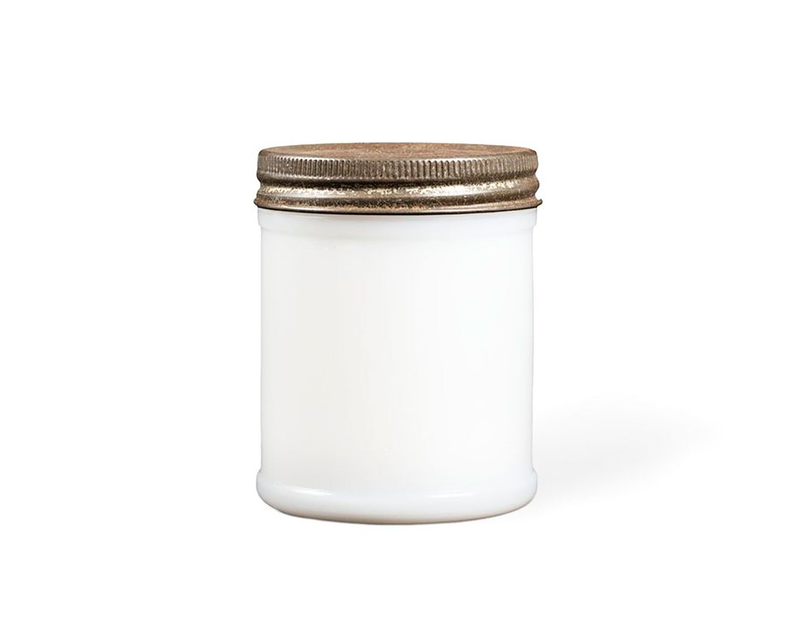A cylindrical white opal glass jar with a screw thread top. Moulded into the base of the jar are the following marks: 'VEGEMITE V.906 18'.