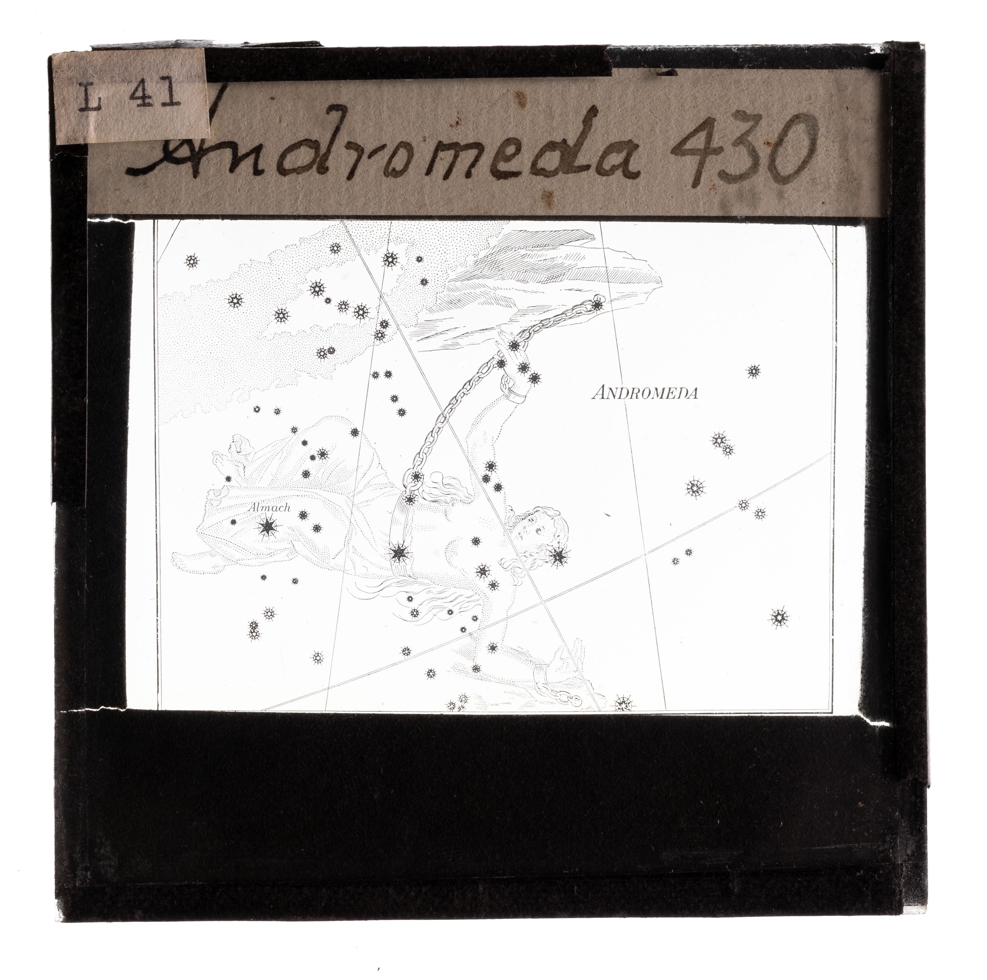 Andromeda constellations lantern slide labelled with tape