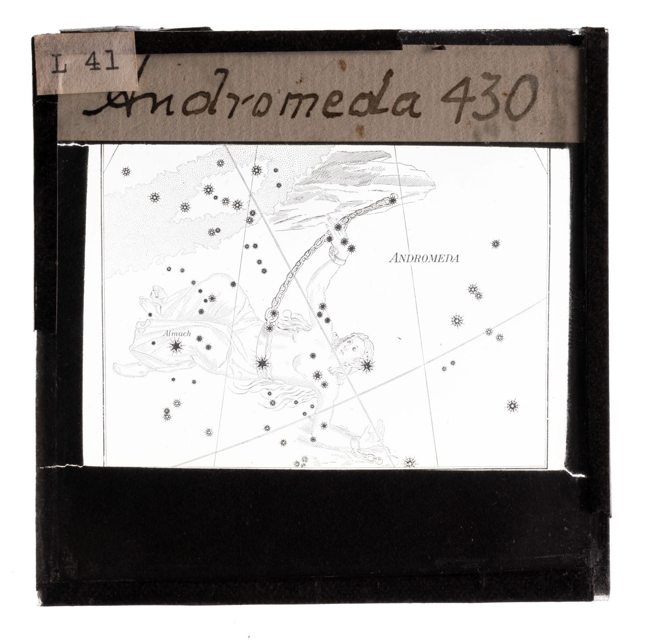 Andromeda constellations lantern slide labelled with tape
