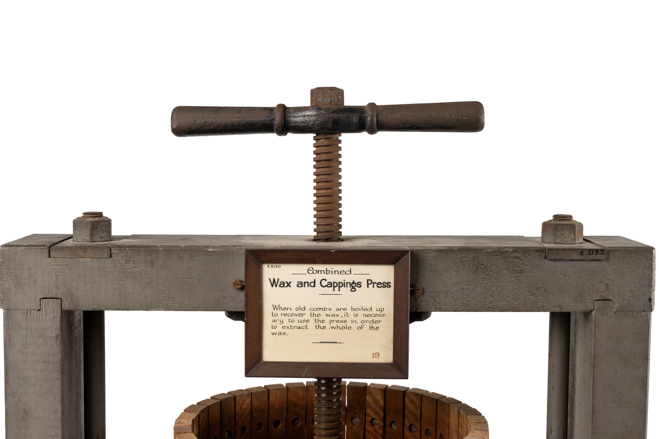 Beekeeping equipment, combined wax and cappings press, made of timber and metal.