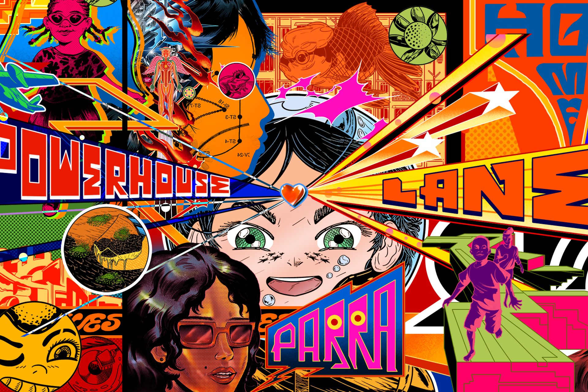 Pop art collage with many bright colours and overlapping graphics.