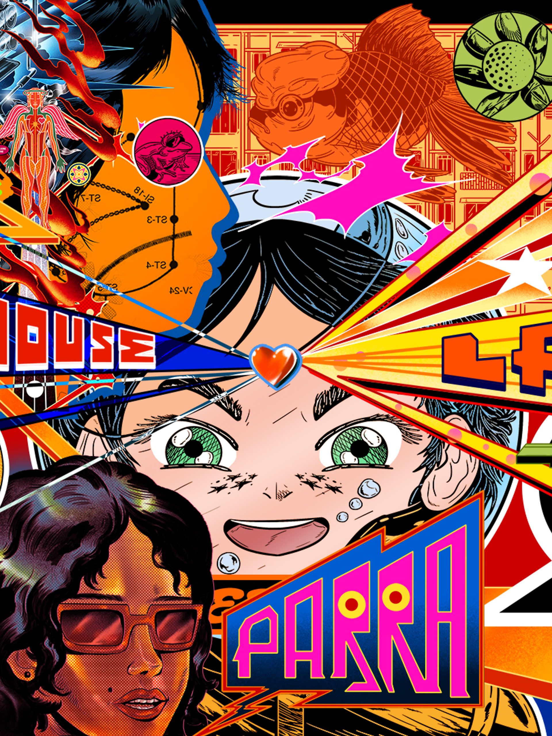 Pop art collage with many bright colours and overlapping graphics.