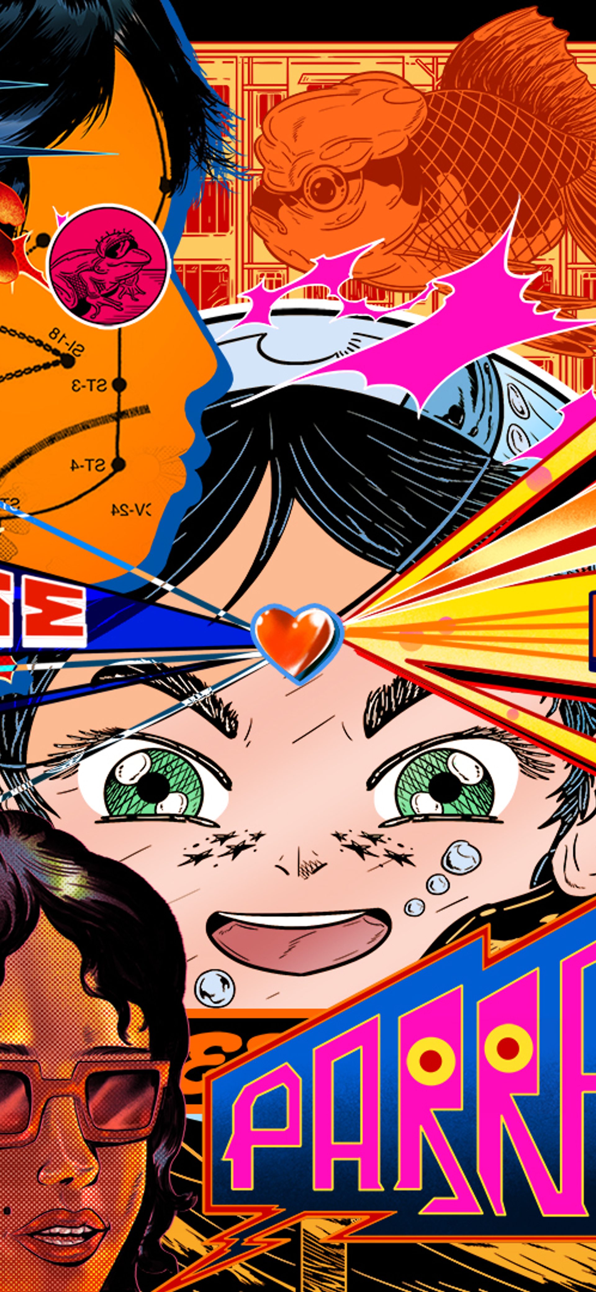 Pop art collage with many bright colours and overlapping graphics.