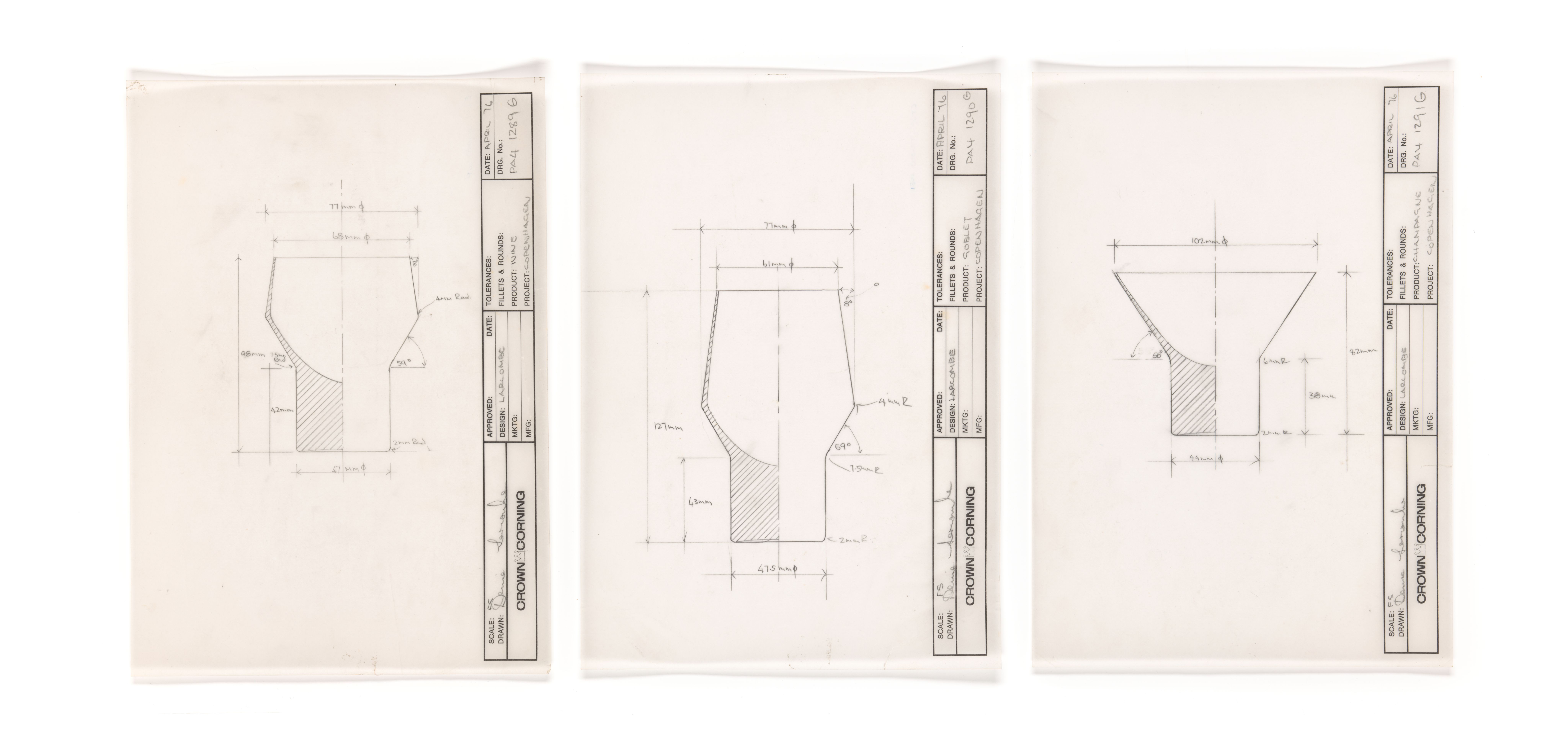 Three technical drawings of glassware designs and concepts side by side.