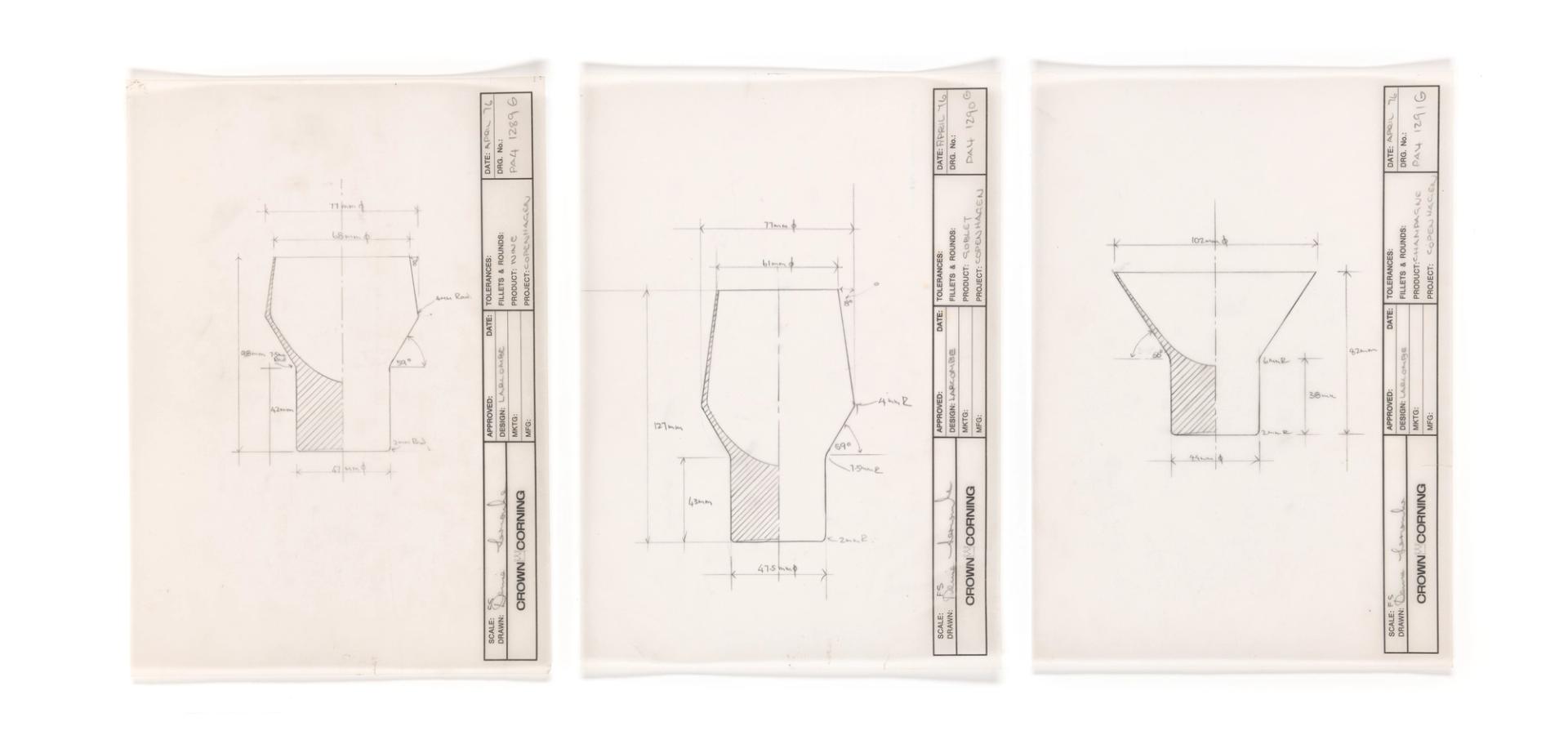 Three technical drawings of glassware designs and concepts side by side.