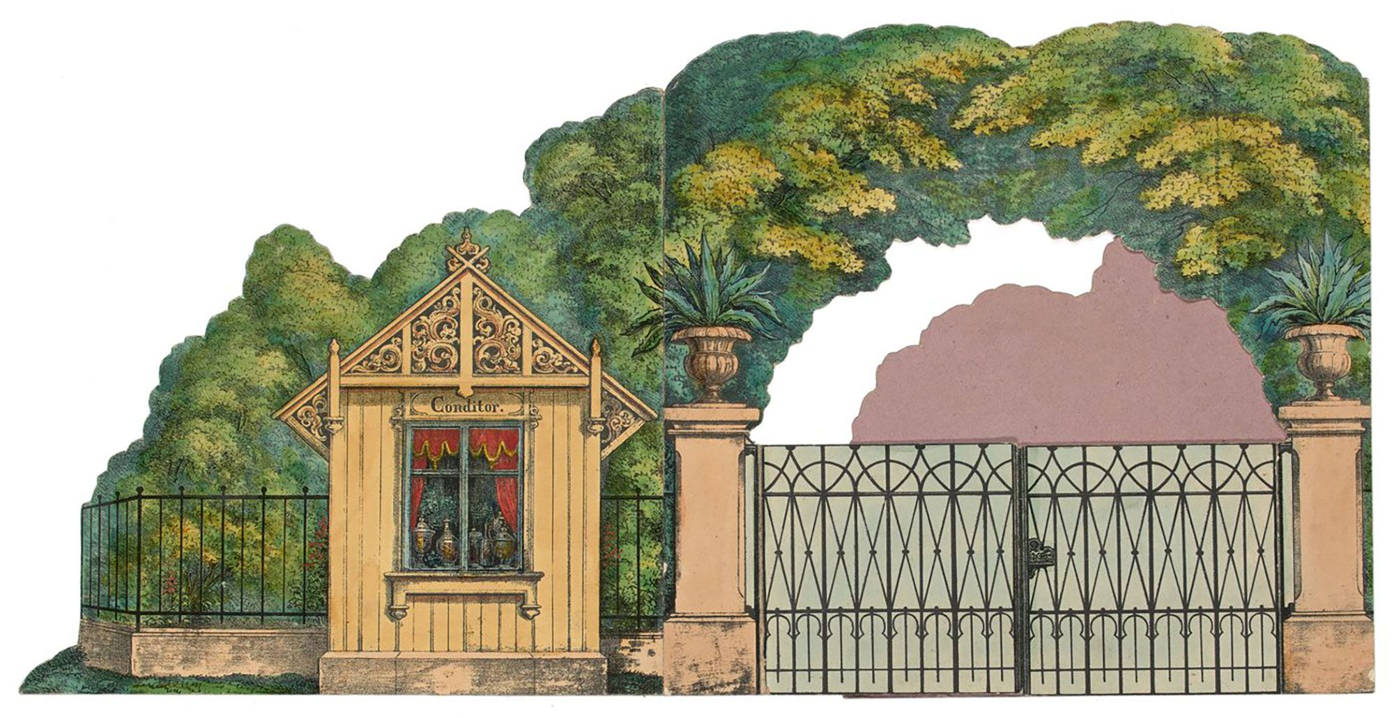 Cardboard cut-out front gates of Zoo game. To the left is a small wooden hut with a sign ‘CONDITOR’ on the front. There is a black iron fence behind it which connects to a large gate, centred by two large pillars. There are green trees in the background.