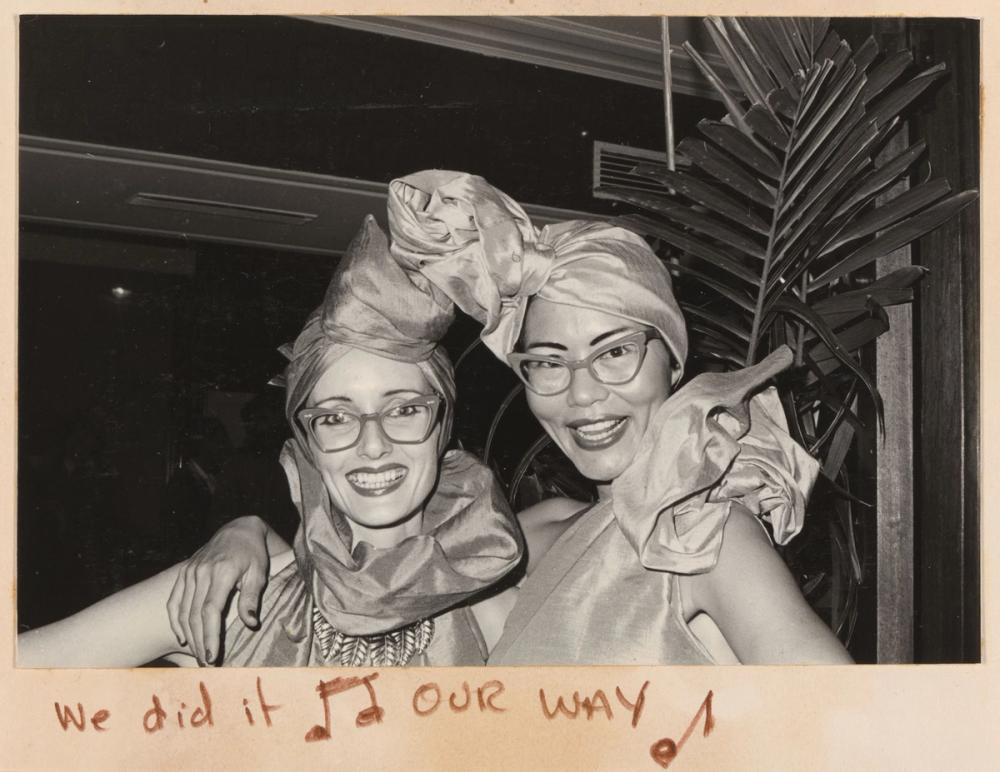 Photographic print, black and white, closeup of Jenny Kee and Linda Jackson in silk turbans