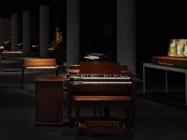 View of Electric Keys showing keyboard instruments from the collection. A Hammond B3 organ from 1955 is in the foreground and the oldest keyboard instrument in the country, a Virginal from 1629, can be seen on the right. Photographed by Zan Wimberley.