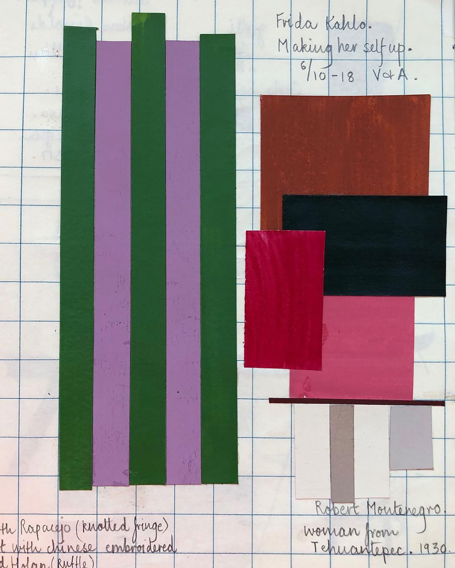 Grid paper with colour swatches and hand written notes.
