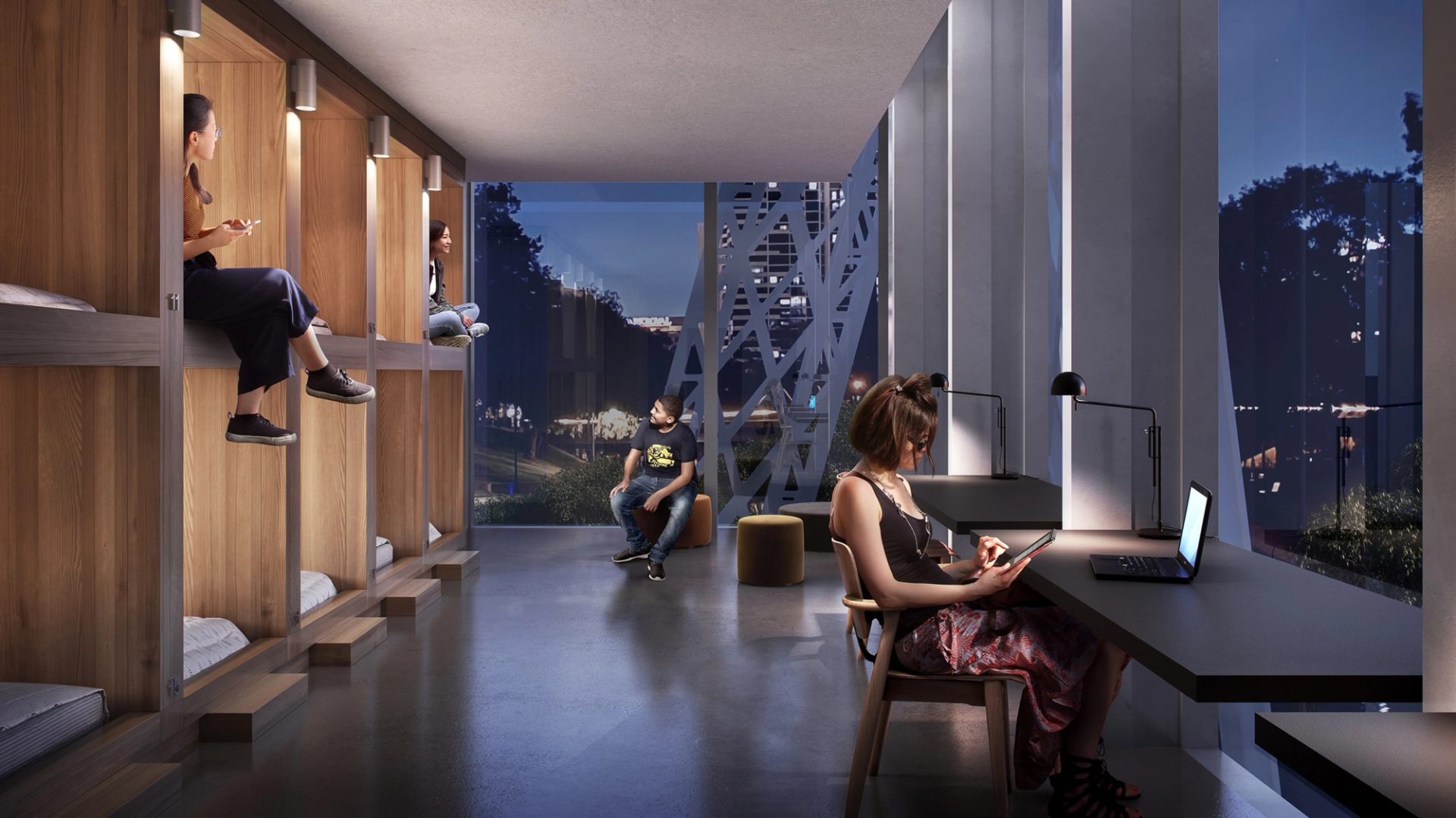 kids working at night in a dorm room