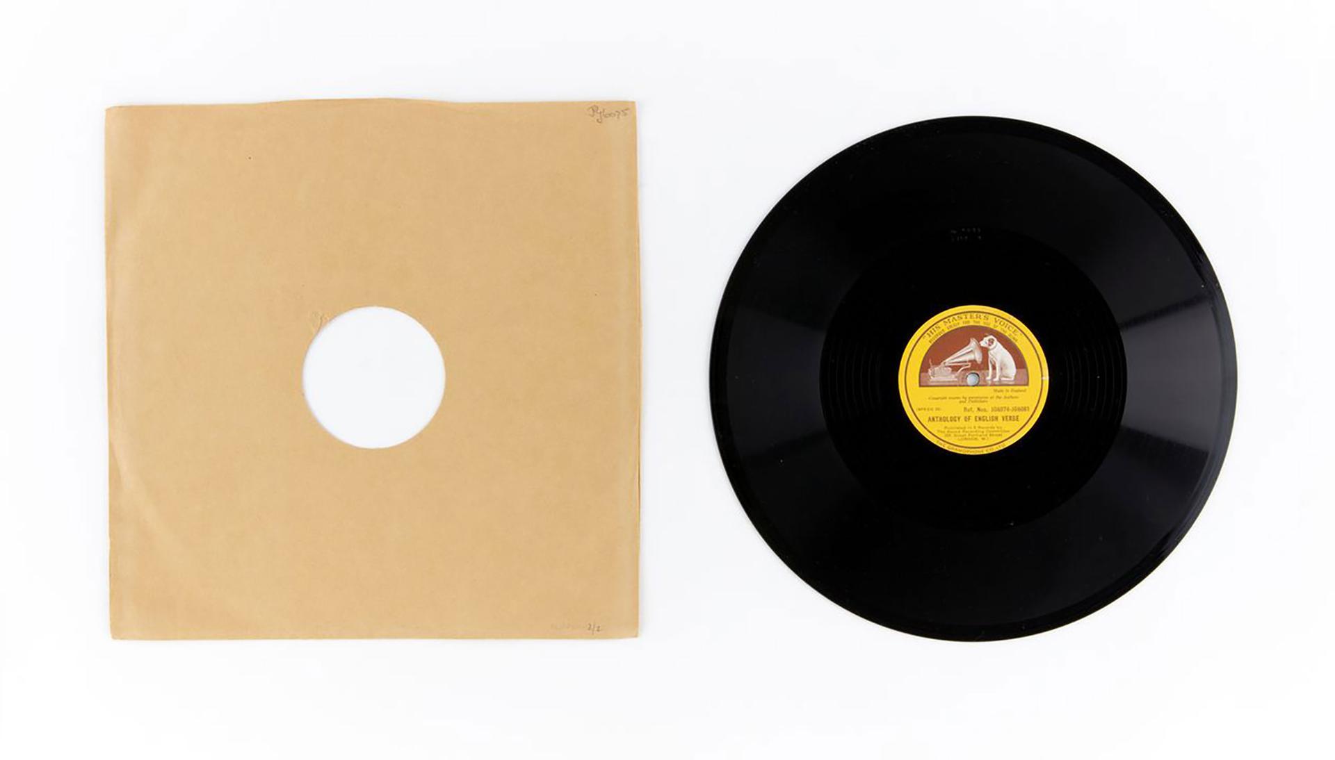 Audio record, 'Anthology of English Verse', part two of a set of eight, for the use of the blind, vinyl / paper, made by His Master's Voice, England, 1955-1959 Part two of a set of eight vinyl records titled 'Anthology of English Verse'. The front of the record has a yellow label in the centre, and on the reverse side braille is printed in the centre. The record is in a brown paper sleeve.