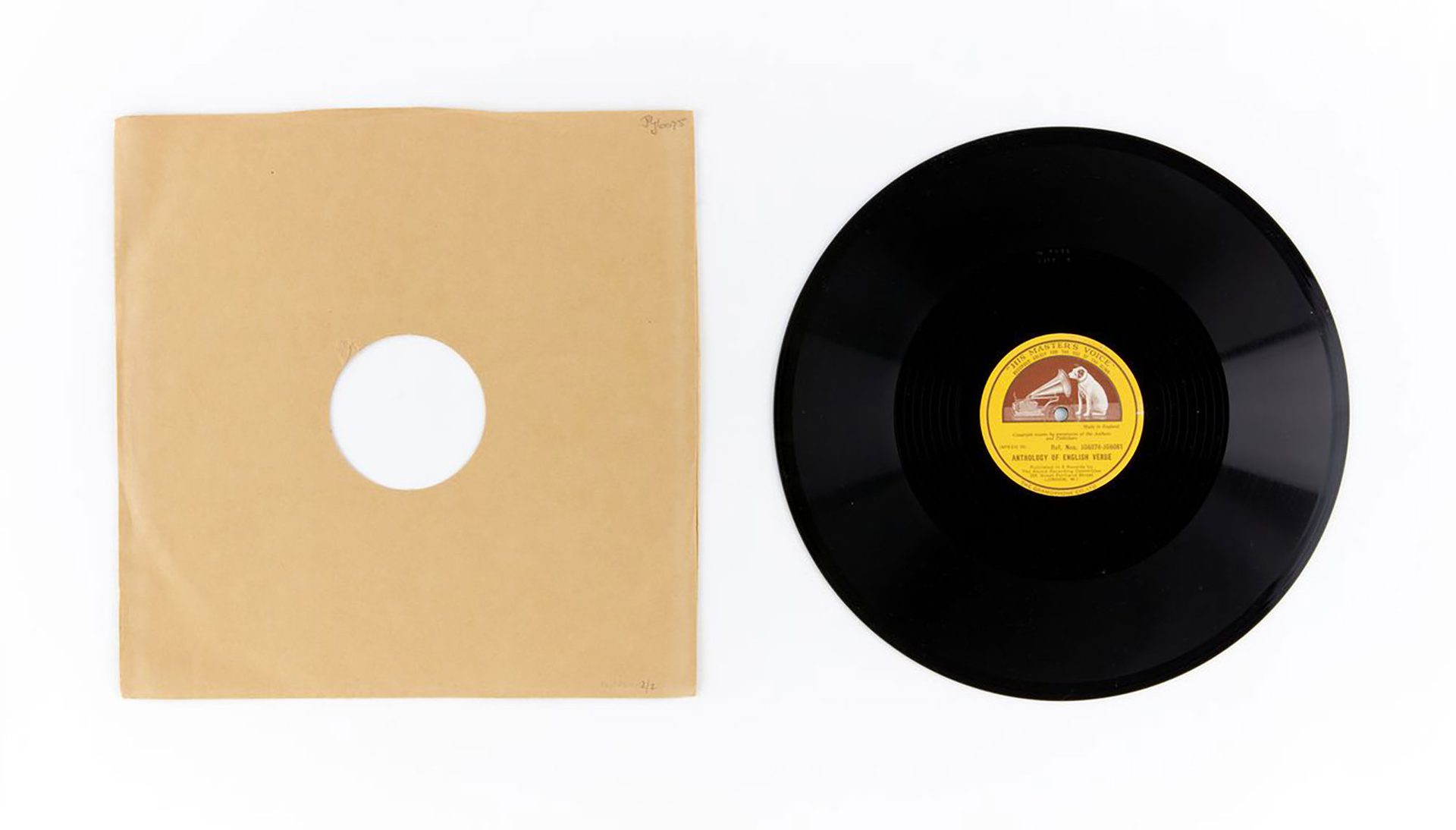 Audio record, 'Anthology of English Verse', part two of a set of eight, for the use of the blind, vinyl / paper, made by His Master's Voice, England, 1955-1959 Part two of a set of eight vinyl records titled 'Anthology of English Verse'. The front of the record has a yellow label in the centre, and on the reverse side braille is printed in the centre. The record is in a brown paper sleeve.