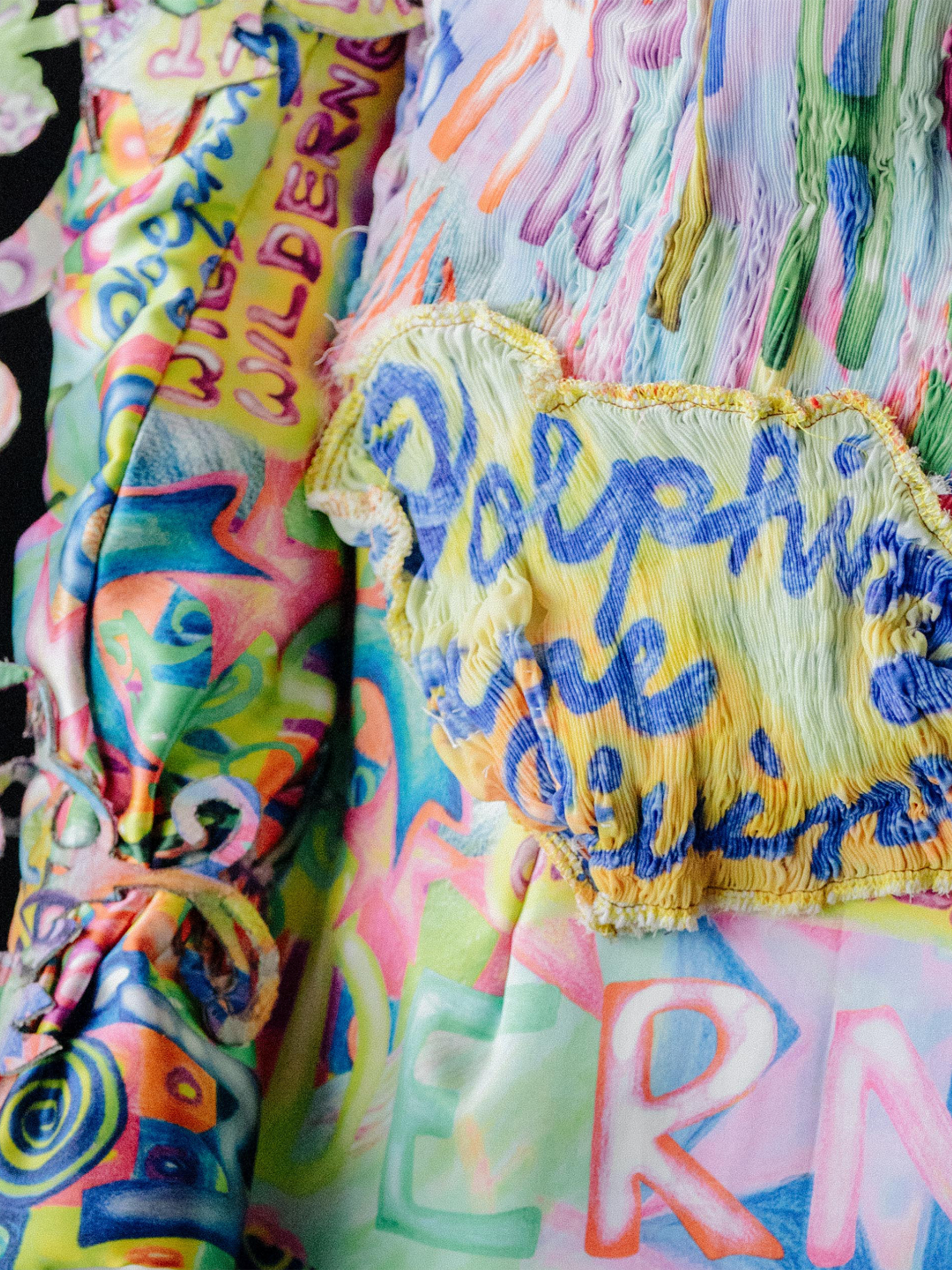 Close up image of a vibrant piece of patchwork fabric.