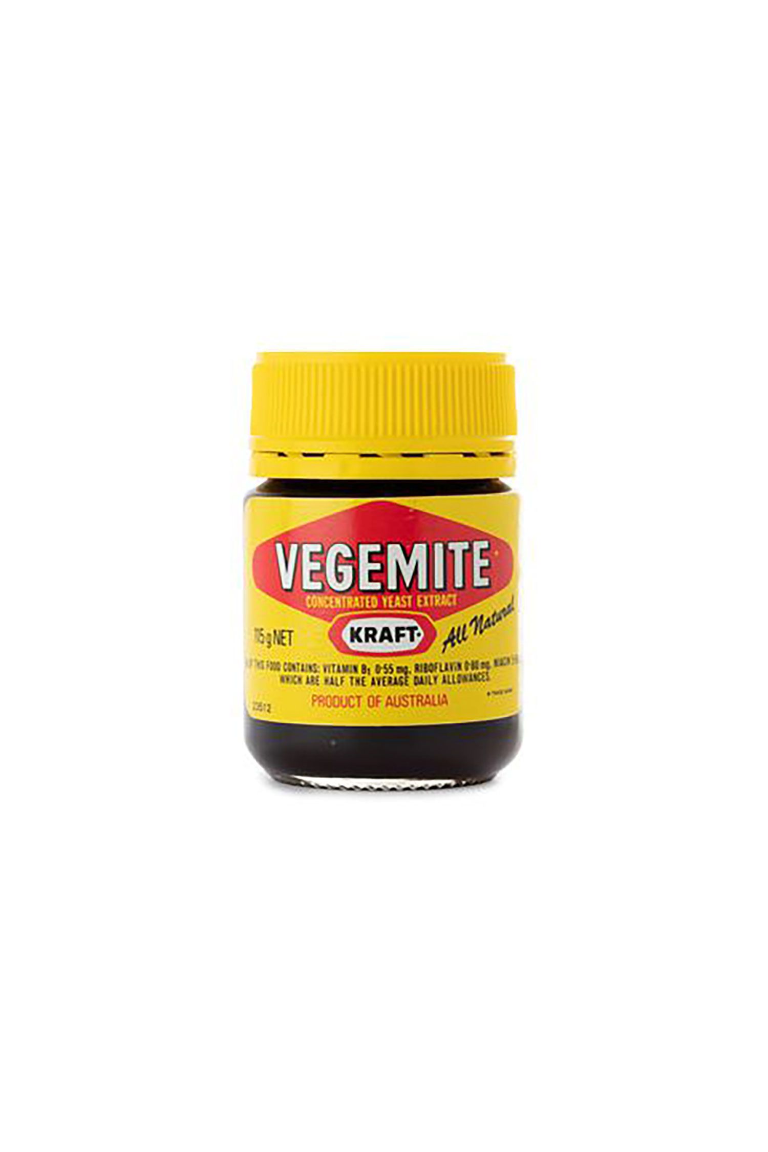 Vegemite jar with a yellow lid and a yellow and red label. On the red label ‘Vegemite’ is written in white text.