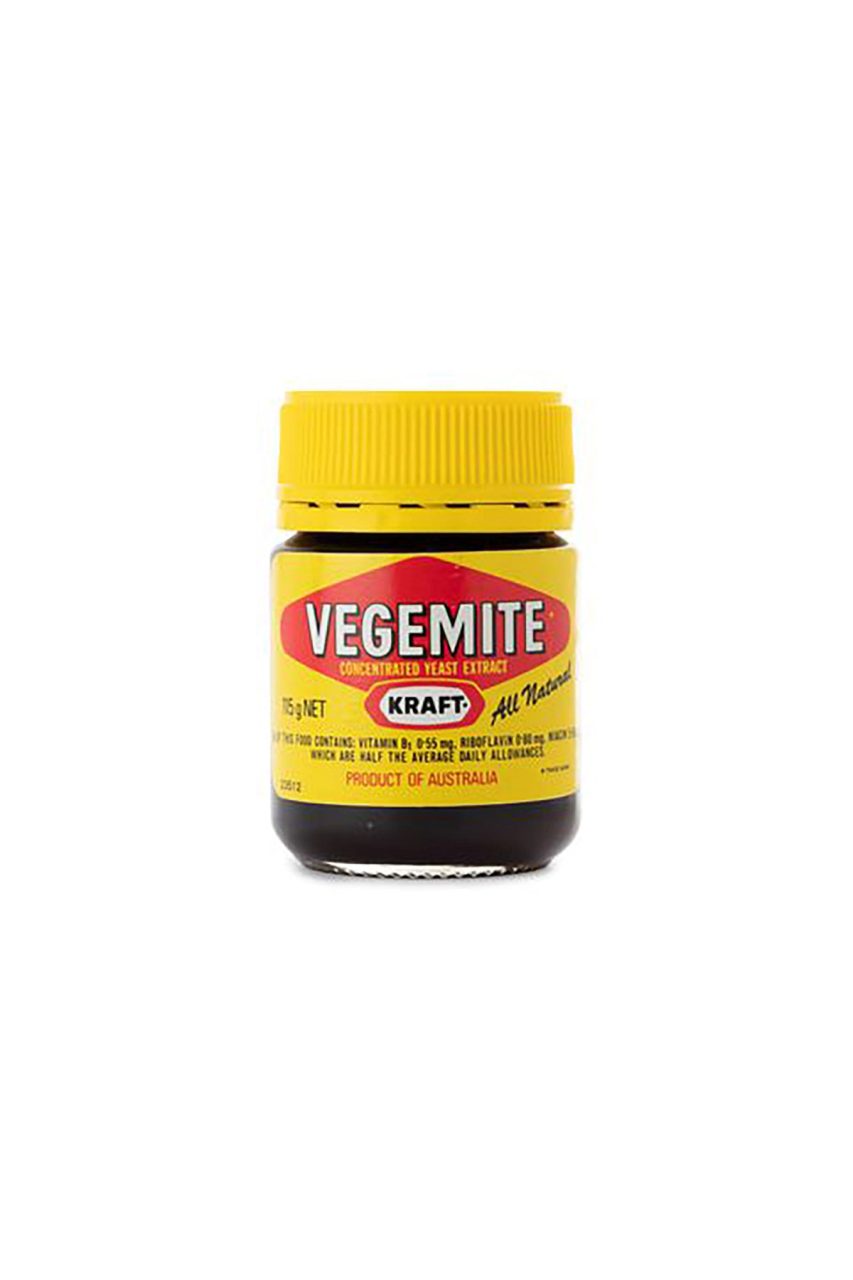 Vegemite jar with a yellow lid and a yellow and red label. On the red label ‘Vegemite’ is written in white text.