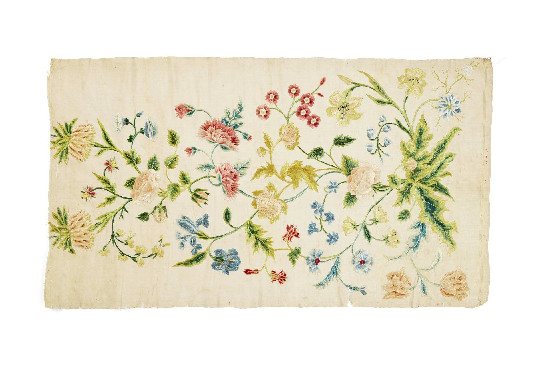 Panel of embroidery with pink, red and blue flower designs
