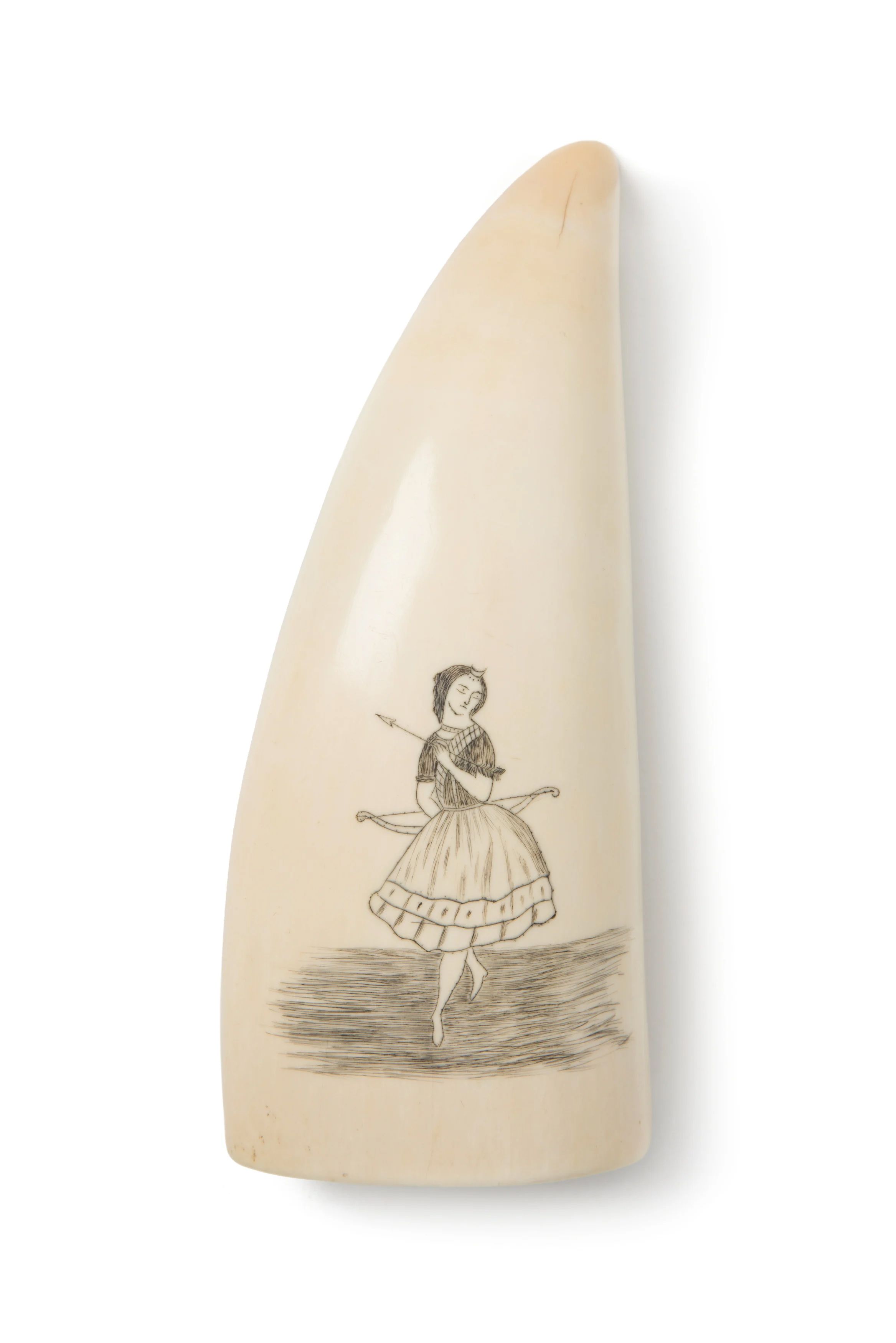 Sperm whale tooth scrimshaw, with the carving of a woman holding a bow and arrow.