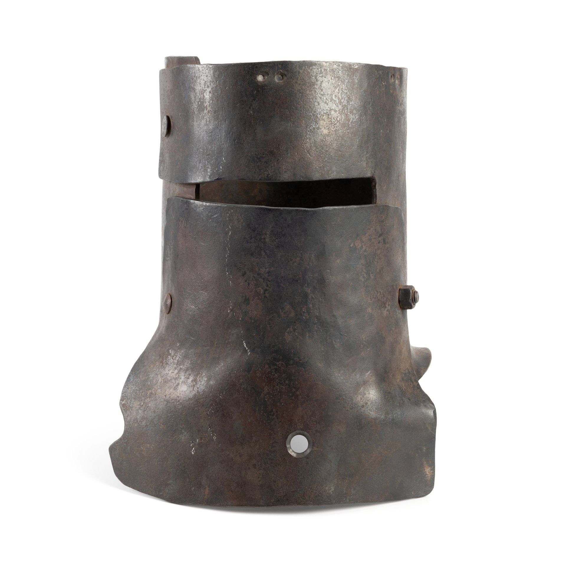 Metal costume helmet with an eye slit made to look rusty.