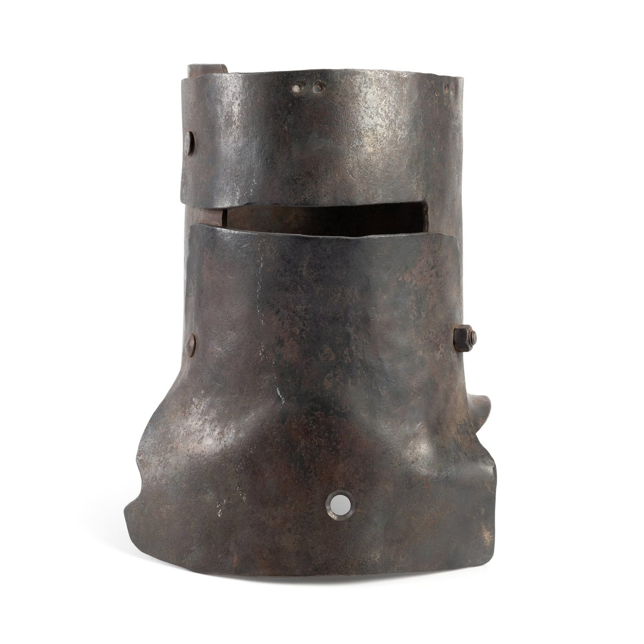 Metal costume helmet with an eye slit made to look rusty.