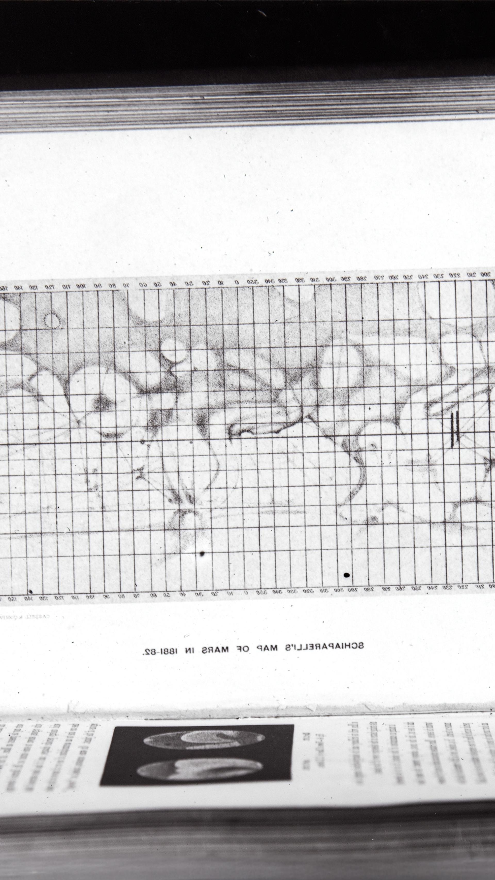 Scanned visual of a graph map of Mars within an open book.
