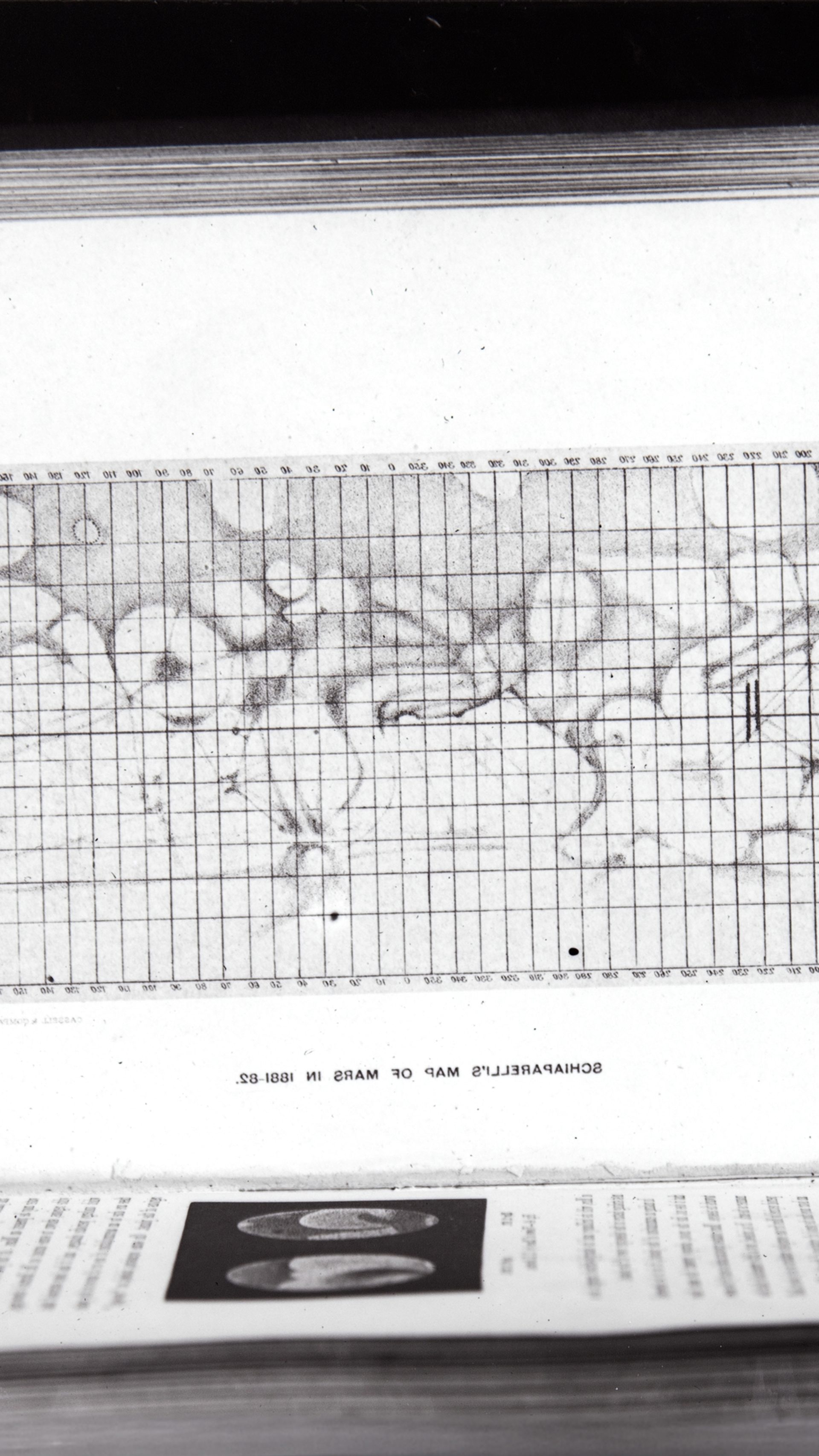 Scanned visual of a graph map of Mars within an open book.