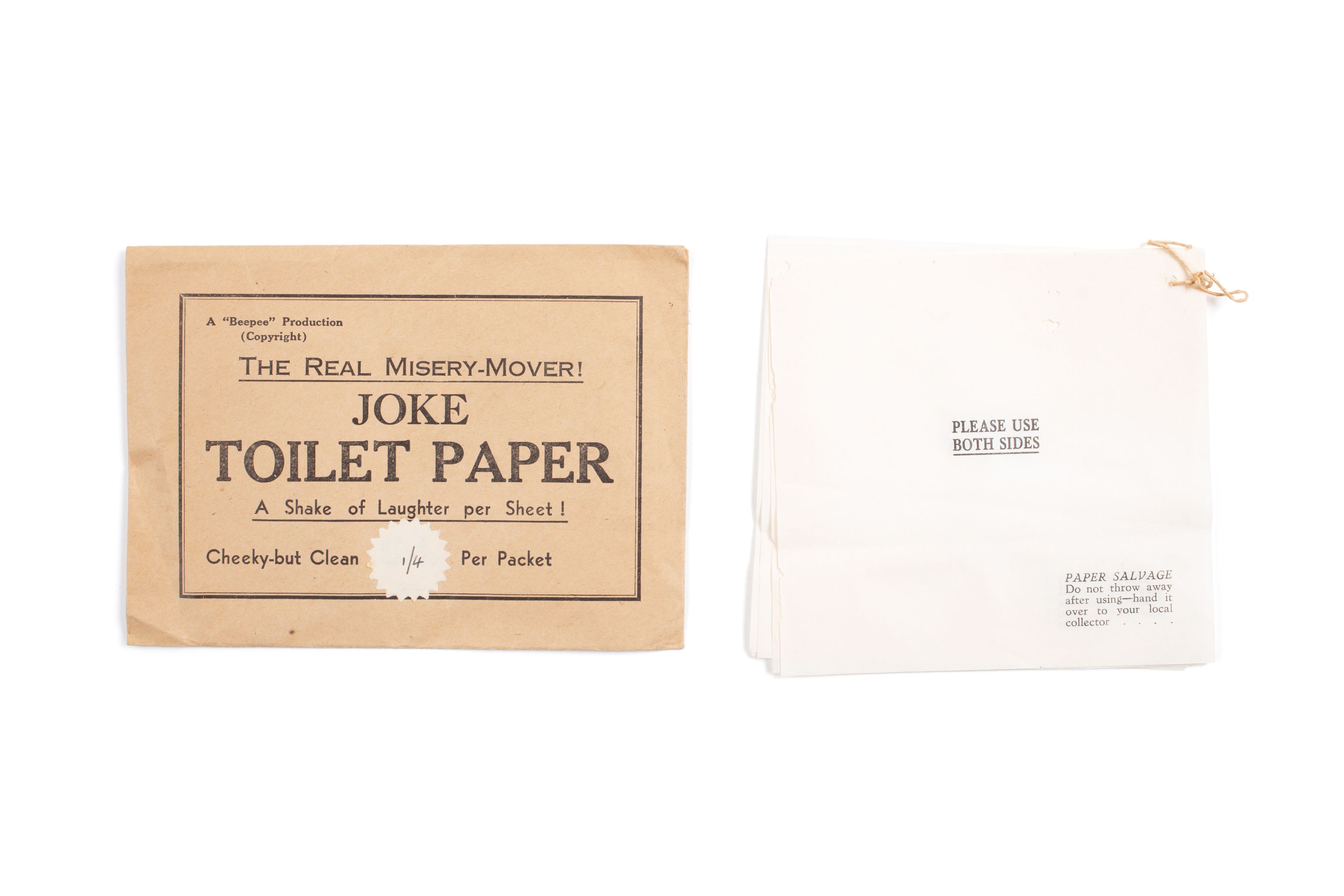 Brown envelope with black text 'The Real Misery-Mover! Joke Toilet Paper. A Shake of Laughter per Sheet! Cheeky - but Clean. 1/4 Per Packet'.