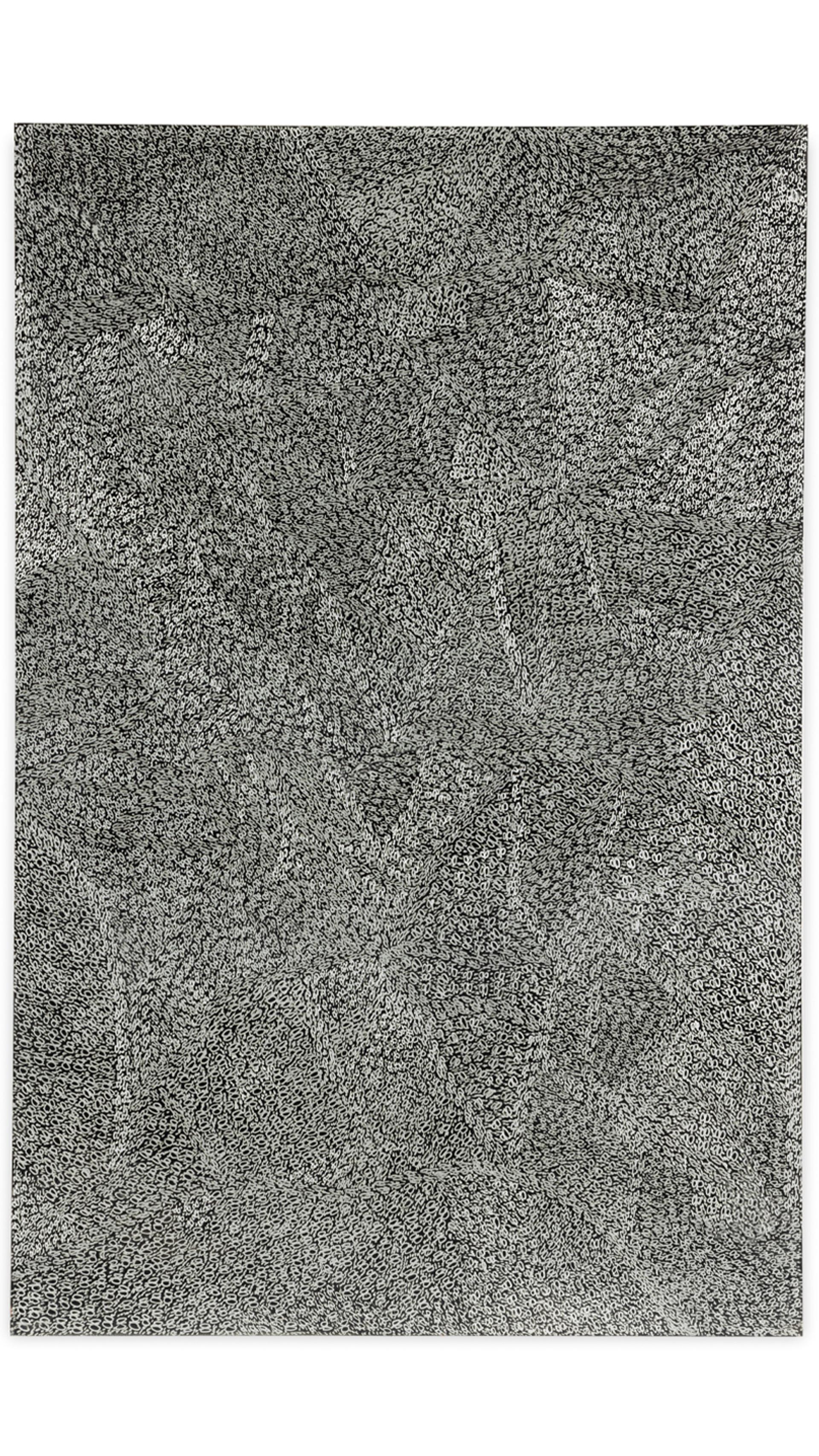 Etchings of dotted patterns, replicating thin tree leaves using dremel onto a found aluminium road sign.