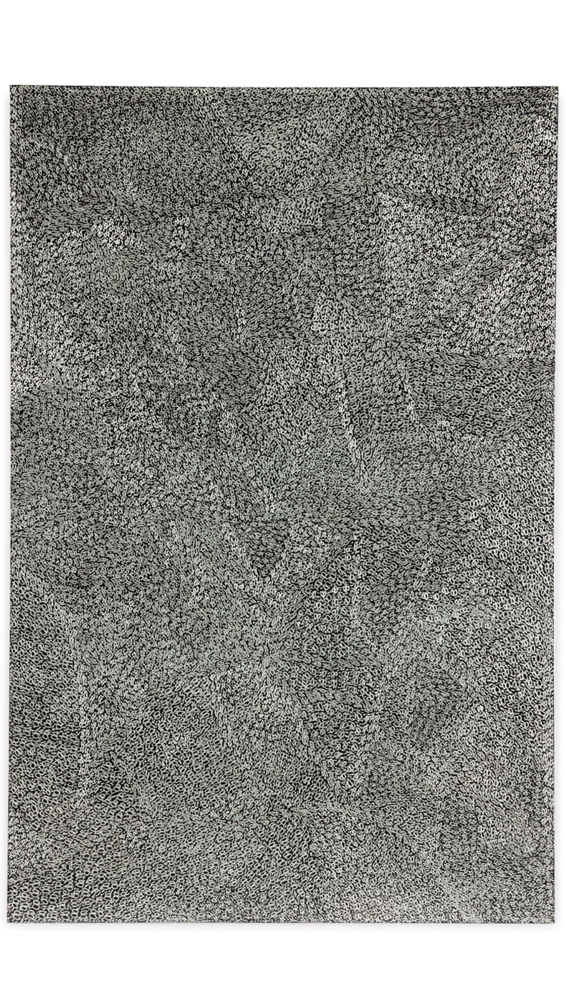 Etchings of dotted patterns, replicating thin tree leaves using dremel onto a found aluminium road sign.